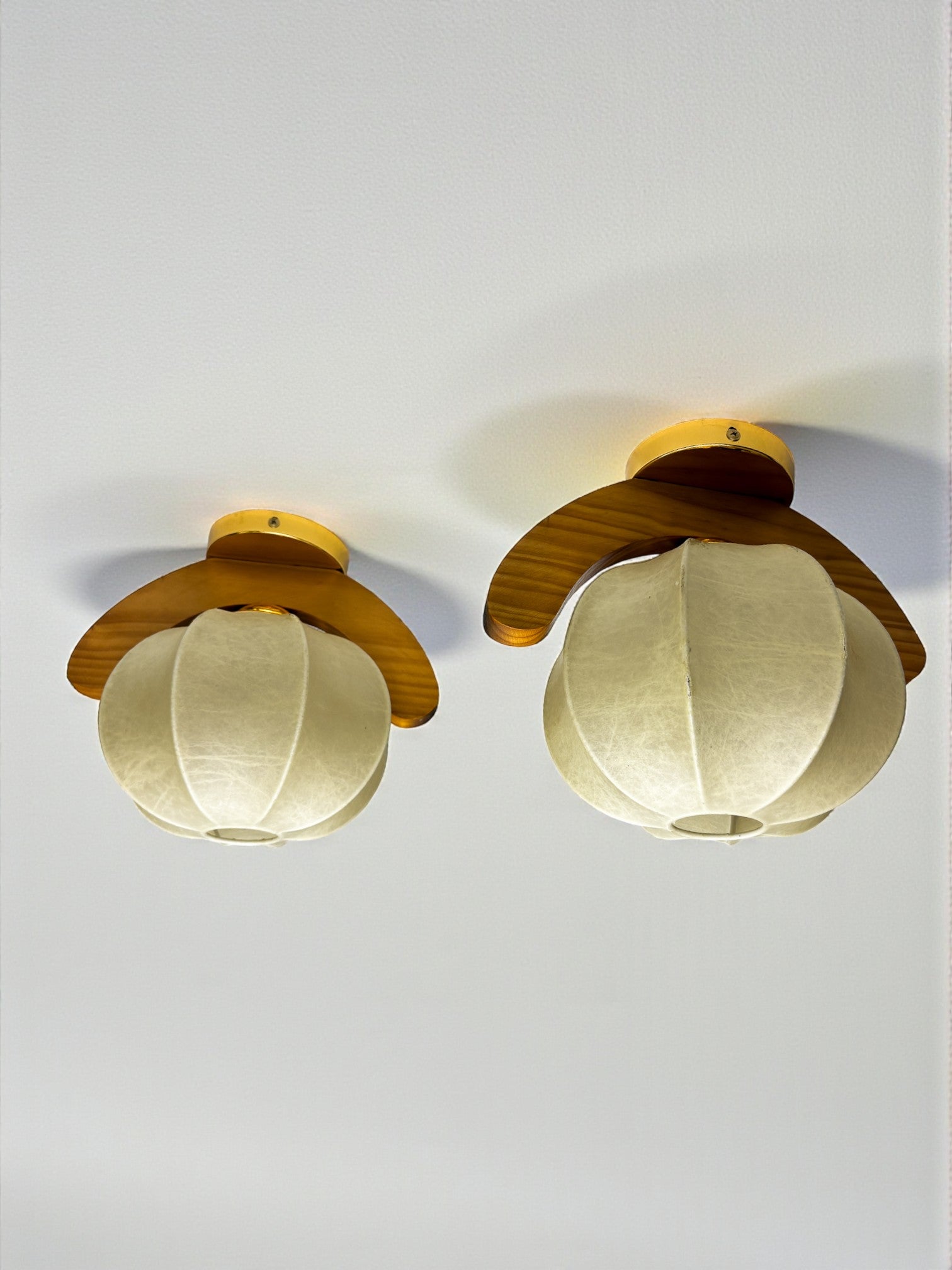 Pair of 1960s Cocoon Ceiling Lights or Sconces, Resin & Pine Wood, Italy