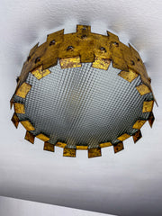 Brutalist Crown Sunburst fixture in Gilt Metal and frost Glass, France, 1960's
