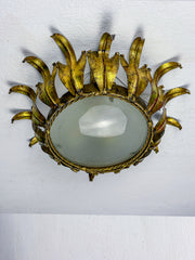 Spanish Crown Sunburst fixture in Gilt Metal and frost Glass, 1950's