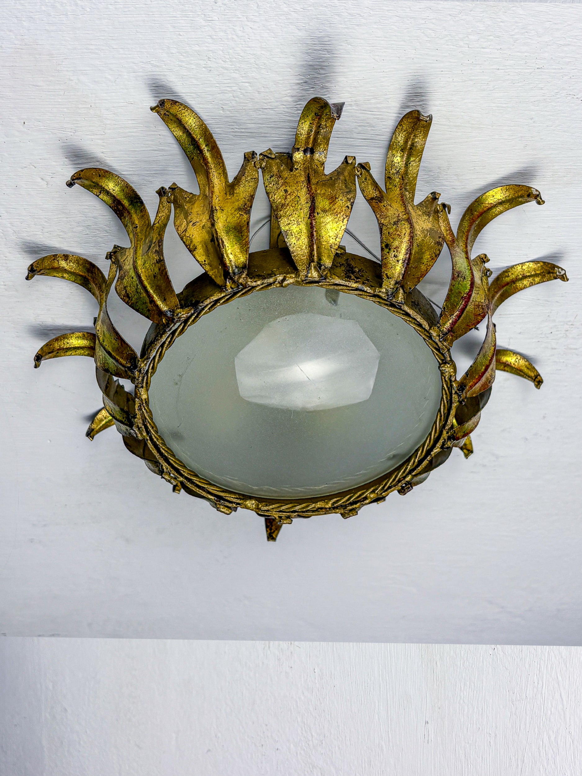 Spanish Crown Sunburst fixture in Gilt Metal and frost Glass, 1950's