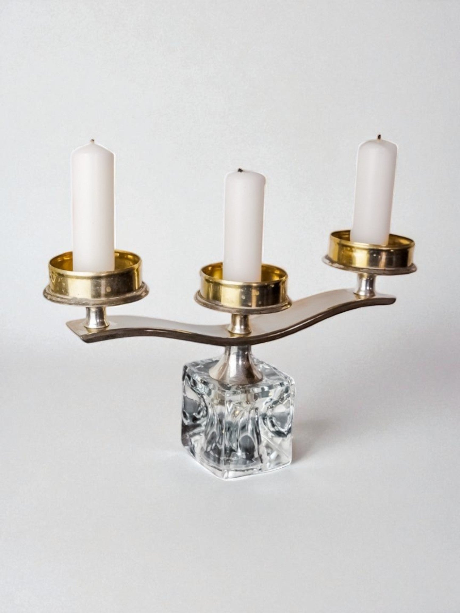 Ice cube candle holder by Peill & Putzler, 3 flames, glass and silver metal, Germany, 1970's