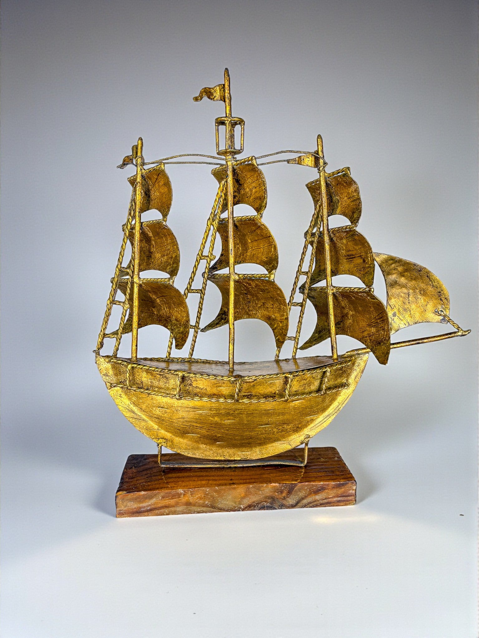 Spanish Galleon Sailing Ship Sculpture, Gilt Iron Sculpture & wood base, 1940s