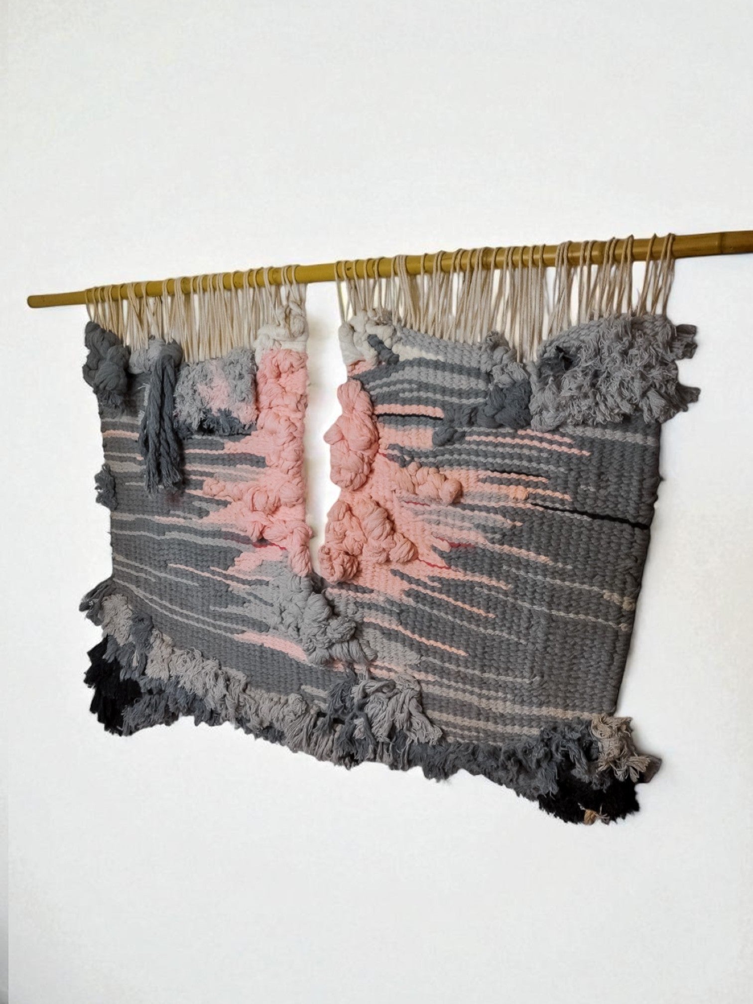 Textured macrame wall hanging, grey & pink wool, Spain, 1970s