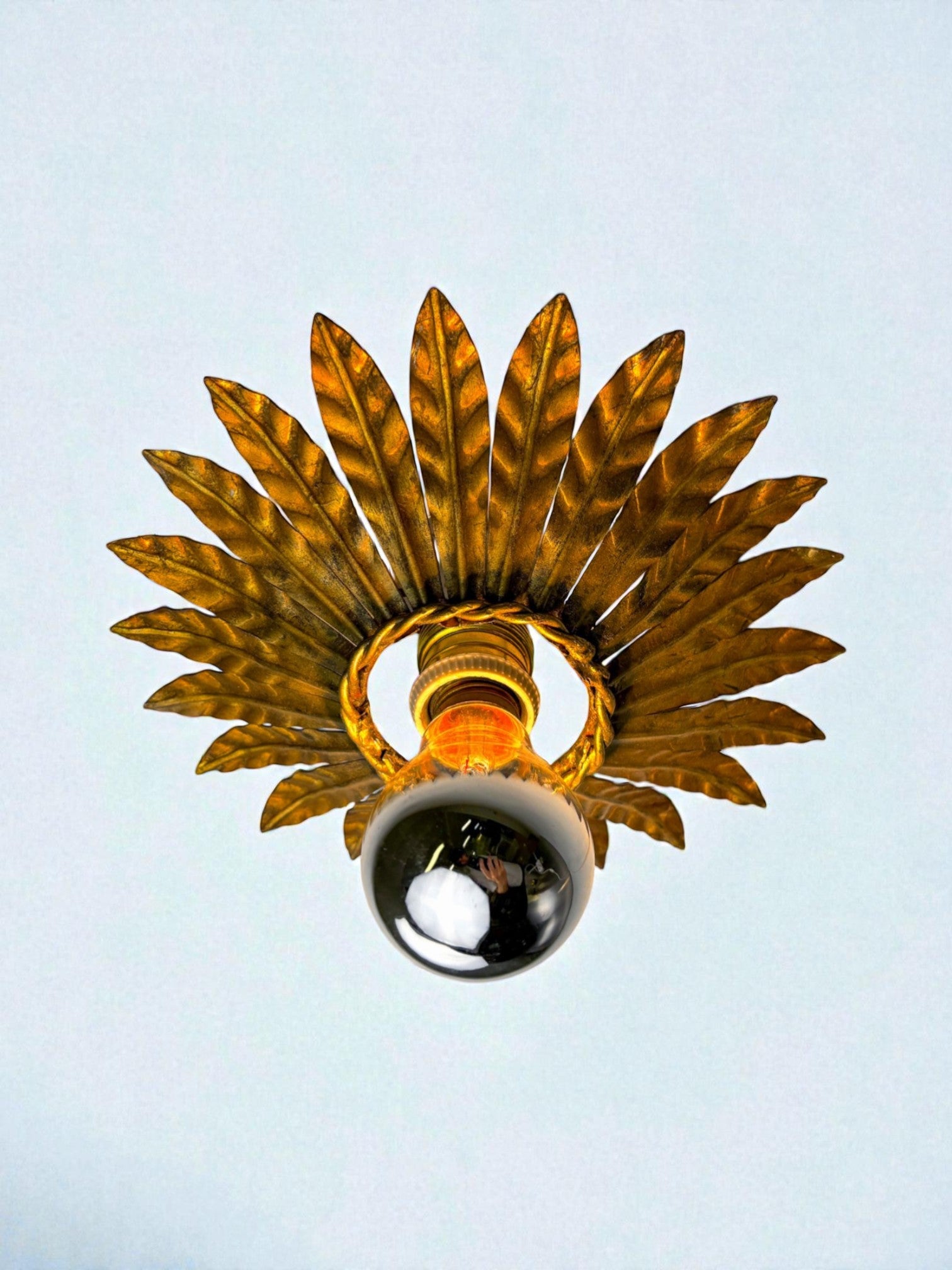 Spanish Sunburst Flush Mount Light Fixture in Gilt Iron, Circa 1960's