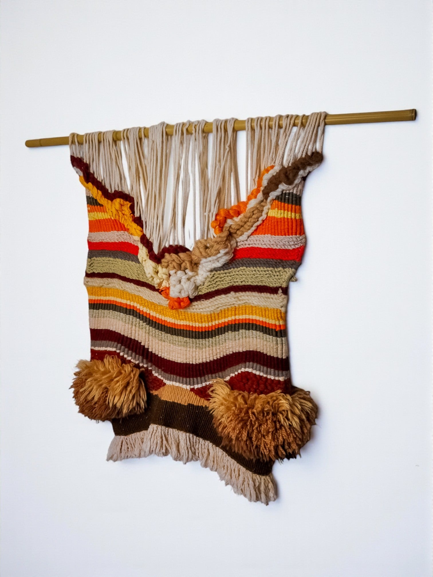 Textured macrame wall hanging, brown & orange wool, Spain, 1970s