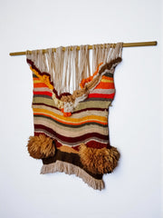 Textured macrame wall hanging, brown & orange wool, Spain, 1970s