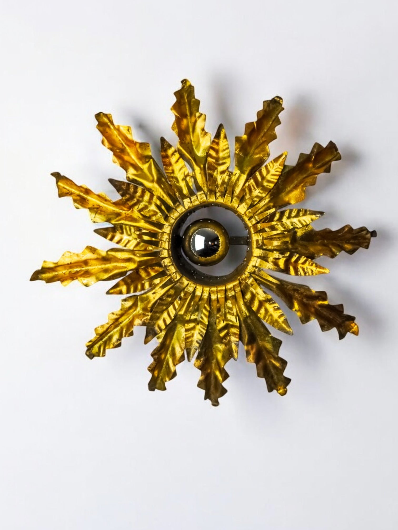 Brutalist Spanish Sunburst Ceiling Light, Gilt Metal Floral Rays, 1950s