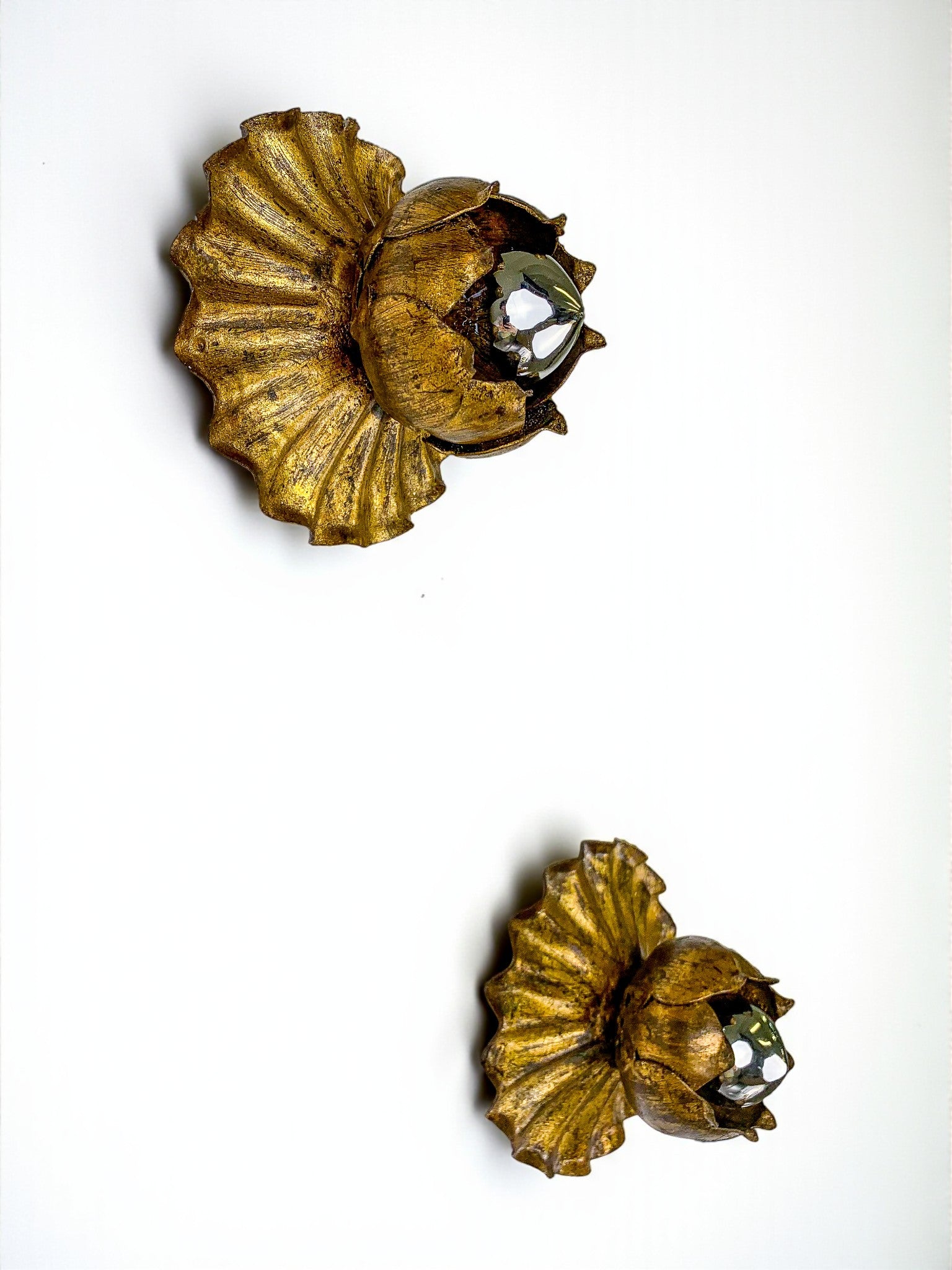 Pair of Embedded Flower Bud Wall ceiling light, Gold Leaf Gilded Iron, Spain, 1950s