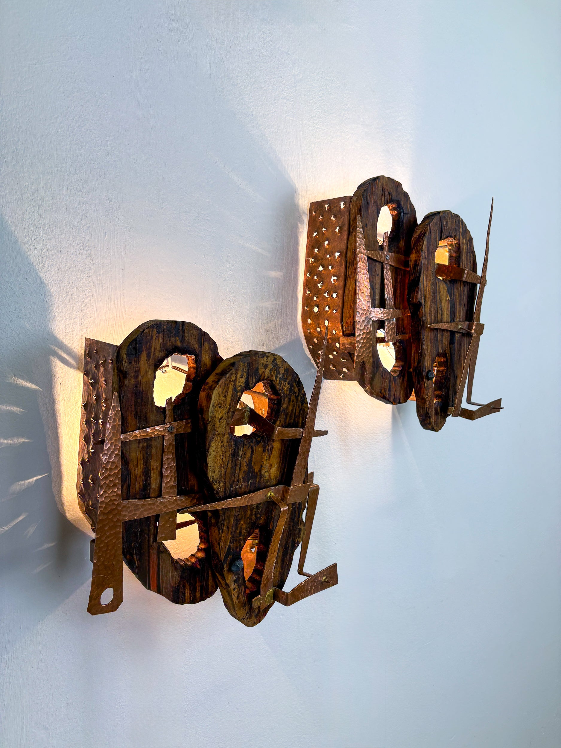 Pair of Brutalist Wood & Copper Wall Sconces, Italy, 1970s