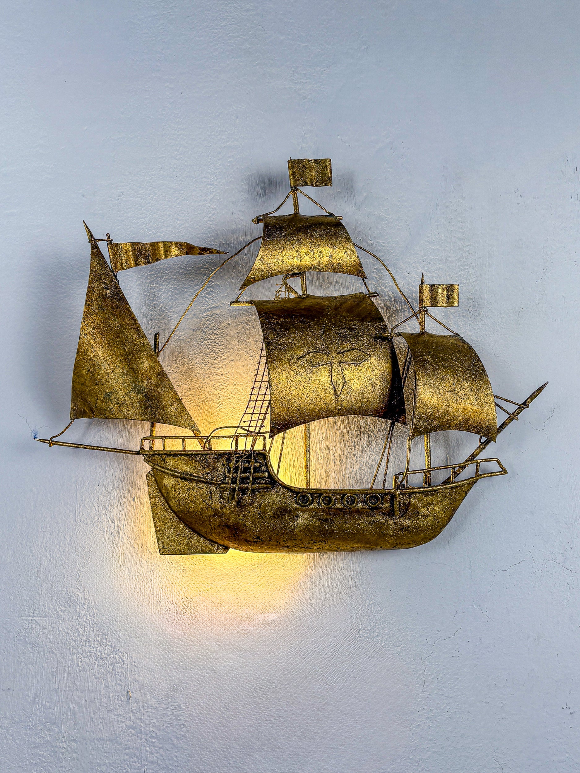 Spanish Galleon Sailing Ship Wall Sconce, Gilt Iron Sculpture, 1940s