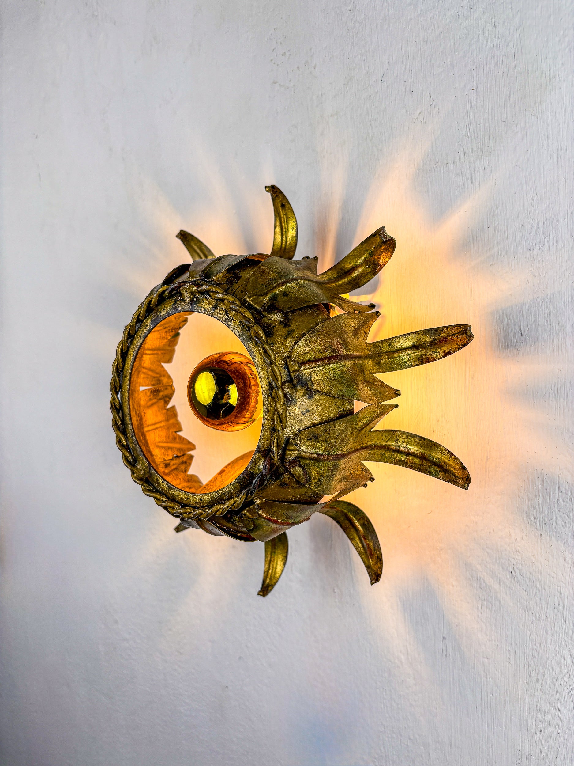 Sunburst ceiling light fixture or sconce in Gilt Wrought Iron, Spain, 1960s