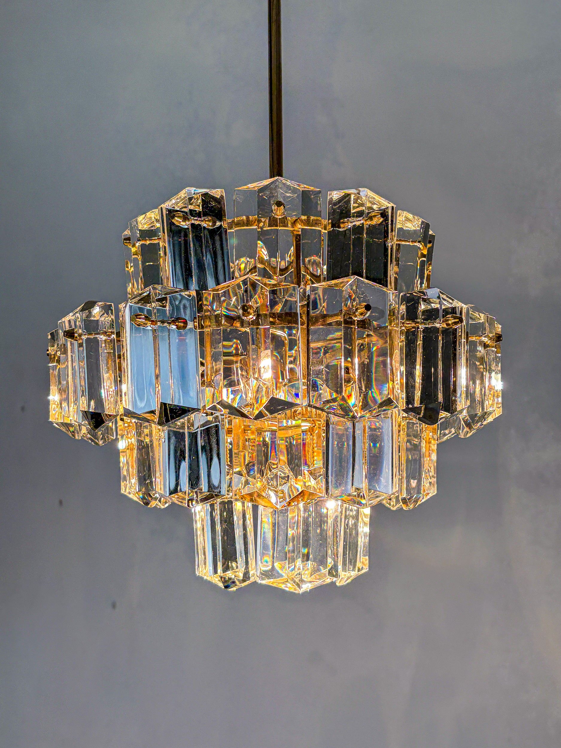 Kinkeldey 4-Tier Cut Crystal Chandelier, Gilt Brass, 1970s, Germany