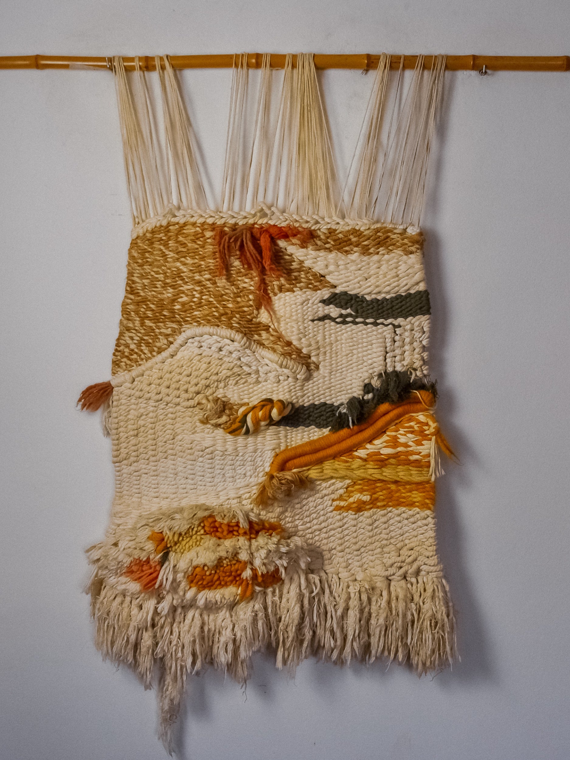 Textured macrame wall hanging, brown & orange wool, Spain, Circa 1970