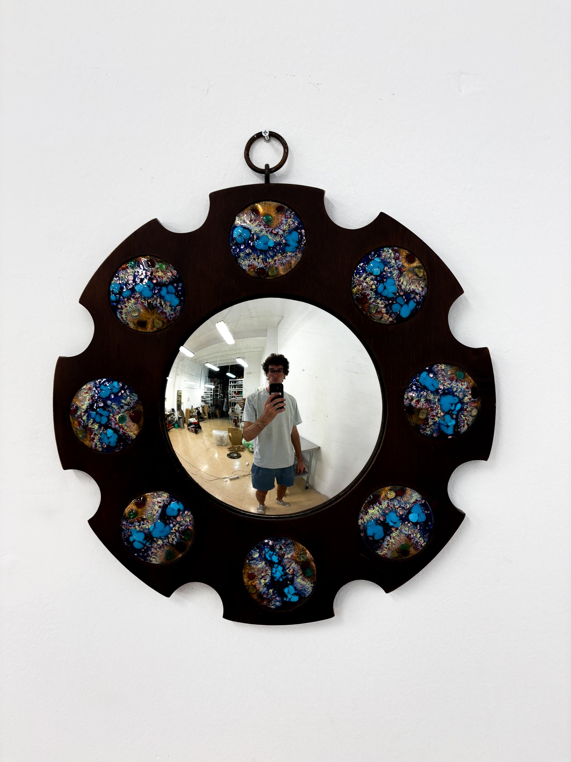 Modernist Wood and Enamel Mirror by J. Capo Esmaltes, Spain, 1970's