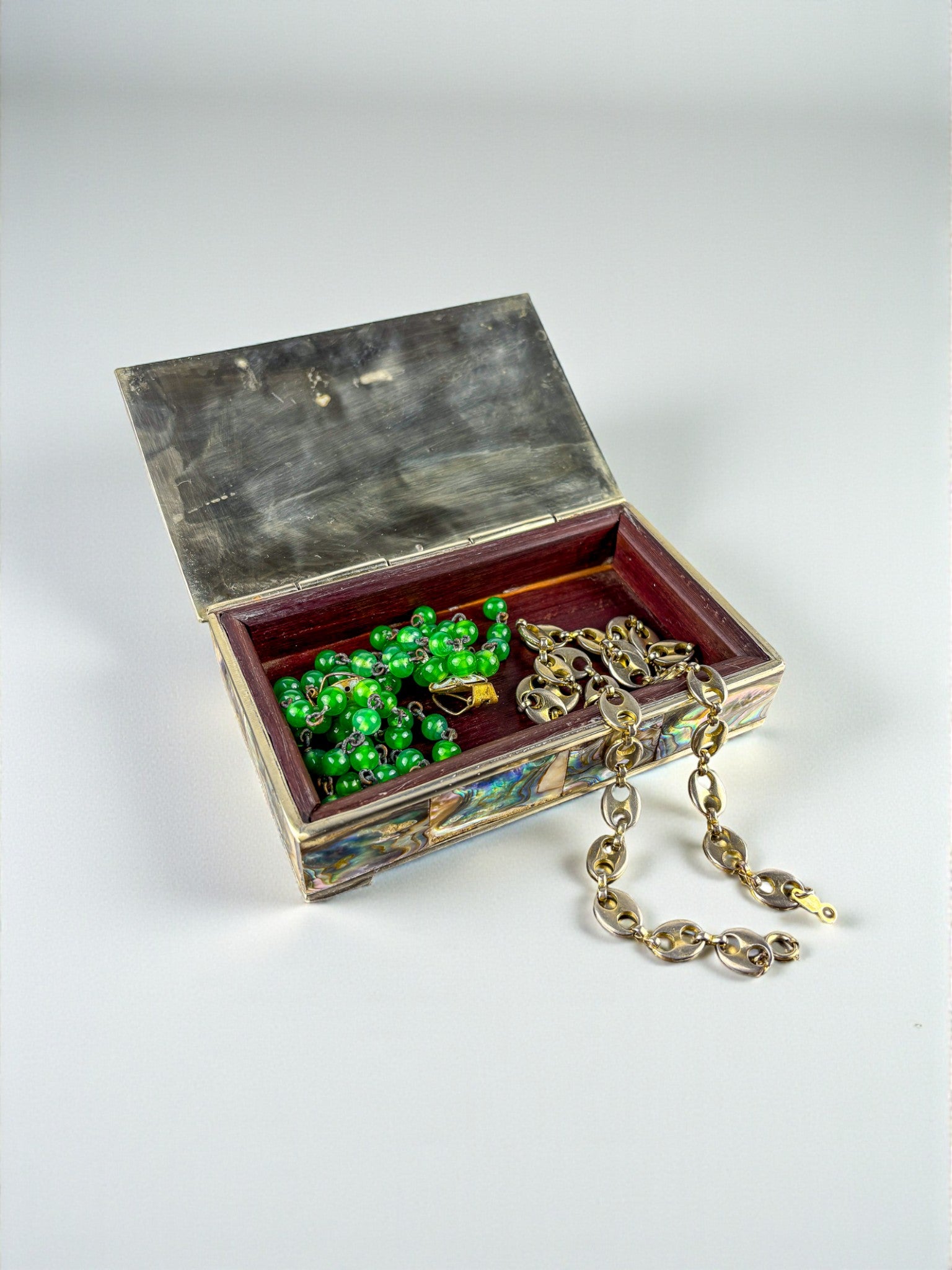 Abalone shell vanity box, Alpaca and wood, Mexico, Circa 1960's