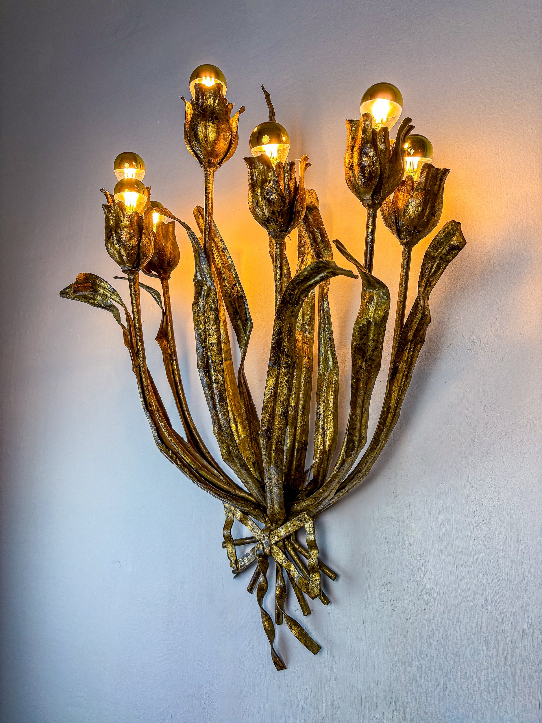 Monumental Pair of Gilt Metal "Tulip Bouquet" Wall Sconces, 7 Lights, Italy 1950s