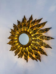 Sunburst Wall Mirror Light – Gilt Metal, France 1960s