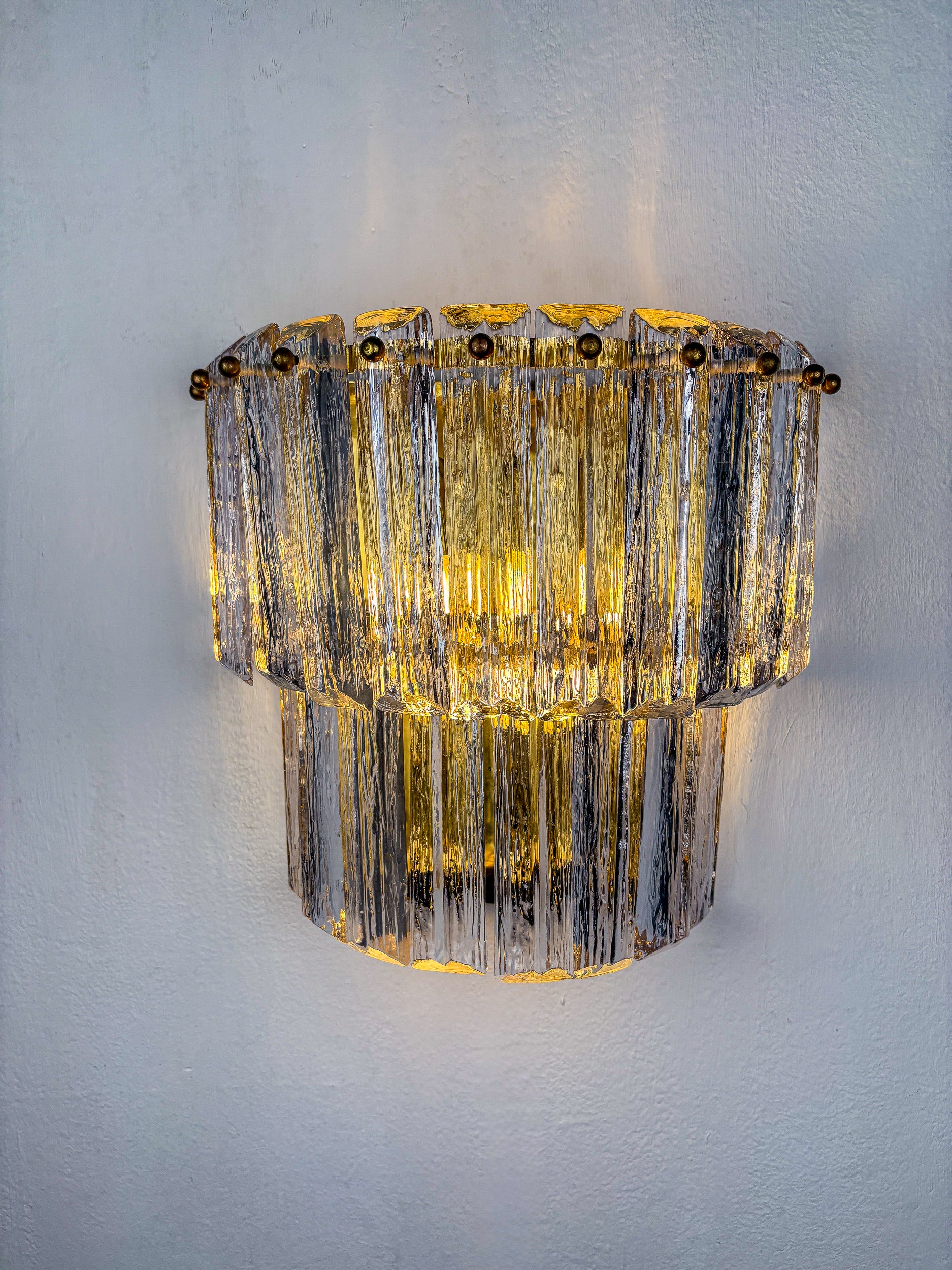 Pair of Two-Tier Frosted Murano Glass Wall Sconces, Italy, 1970s