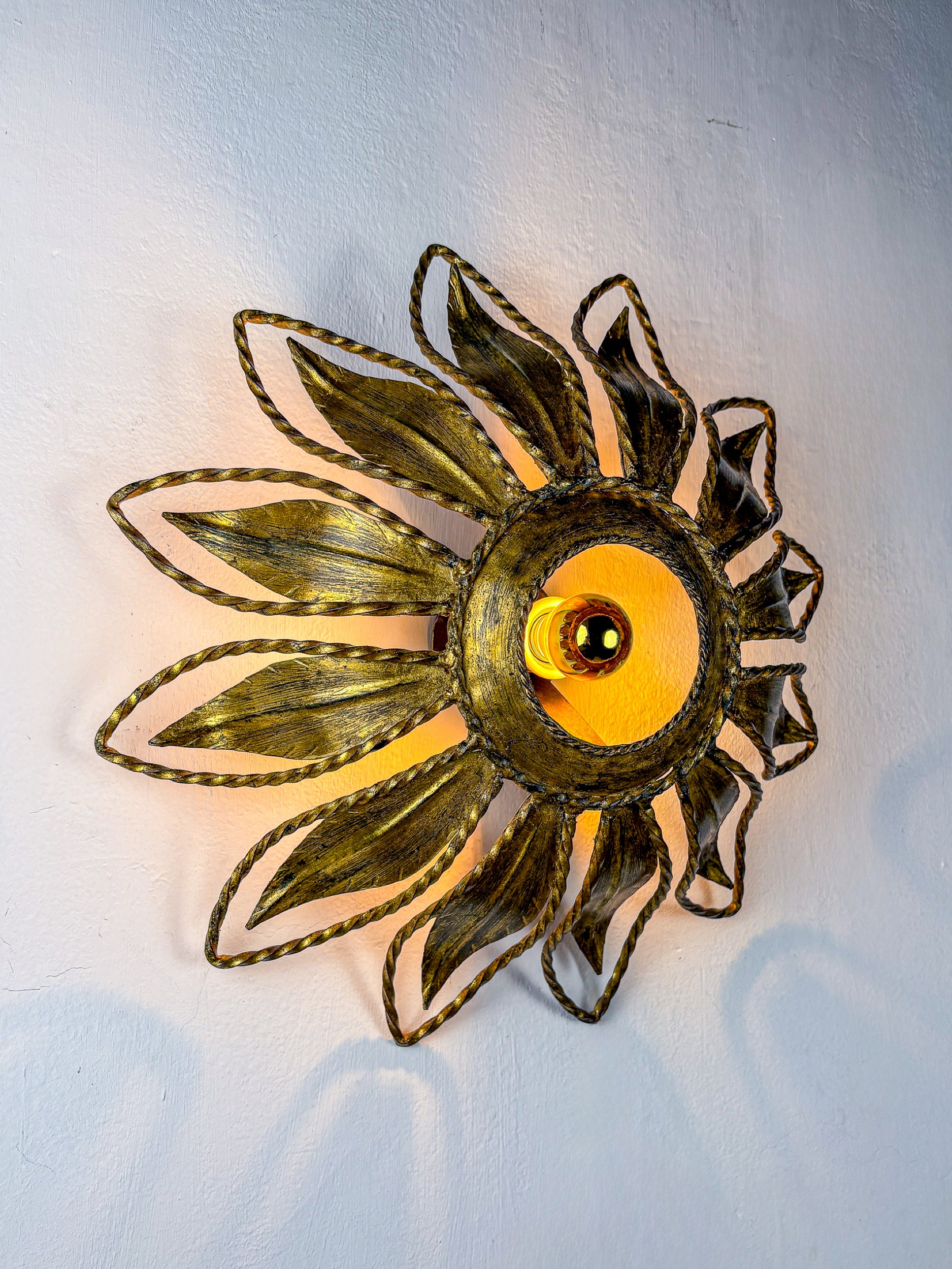 Sunburst ceiling light fixture or sconce, Gilt Iron & Exposed Bulb France, 1970's