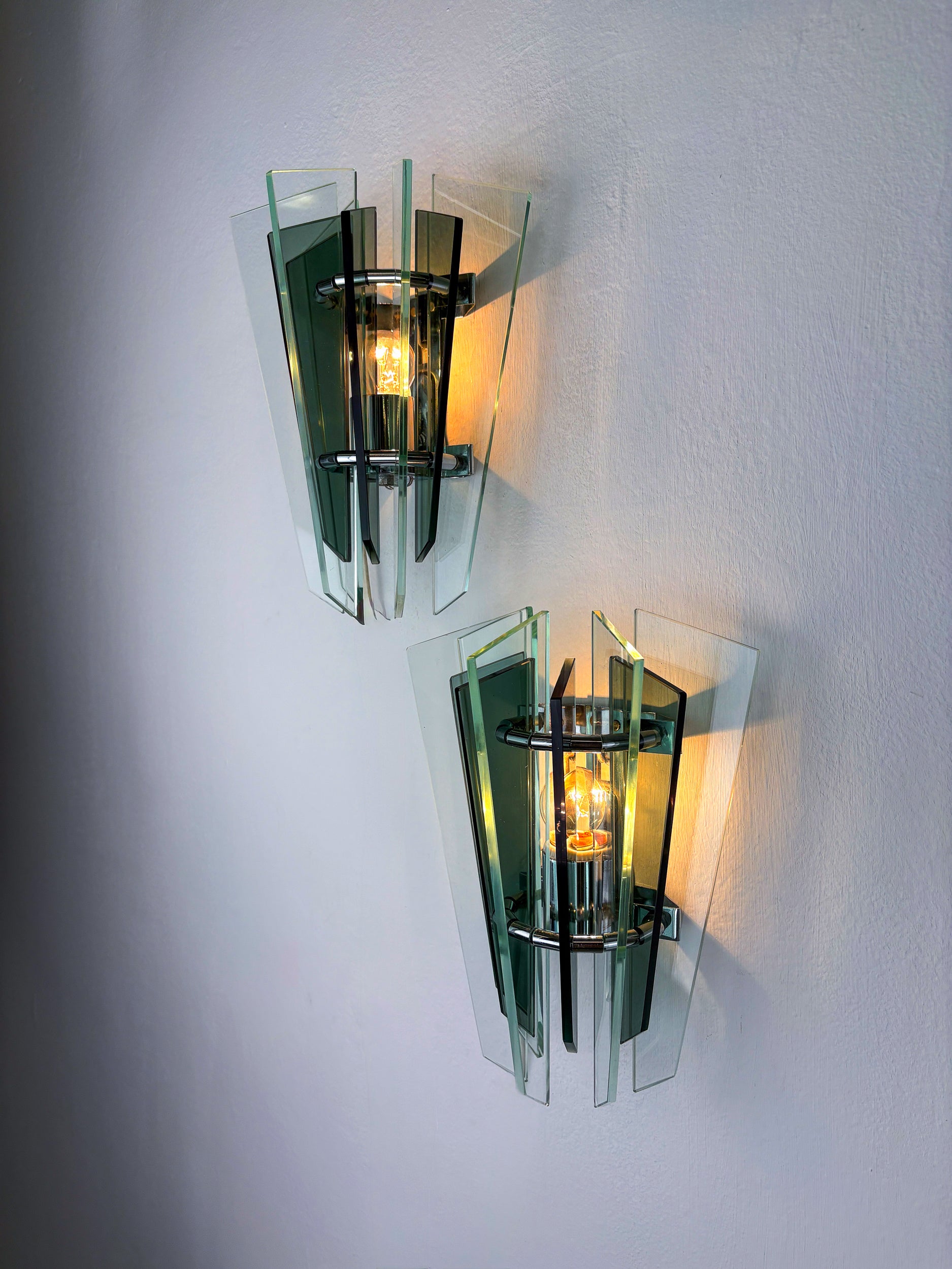 Pair of Veca Wall Lamps – Green Murano Cut Glass, Italy 1970