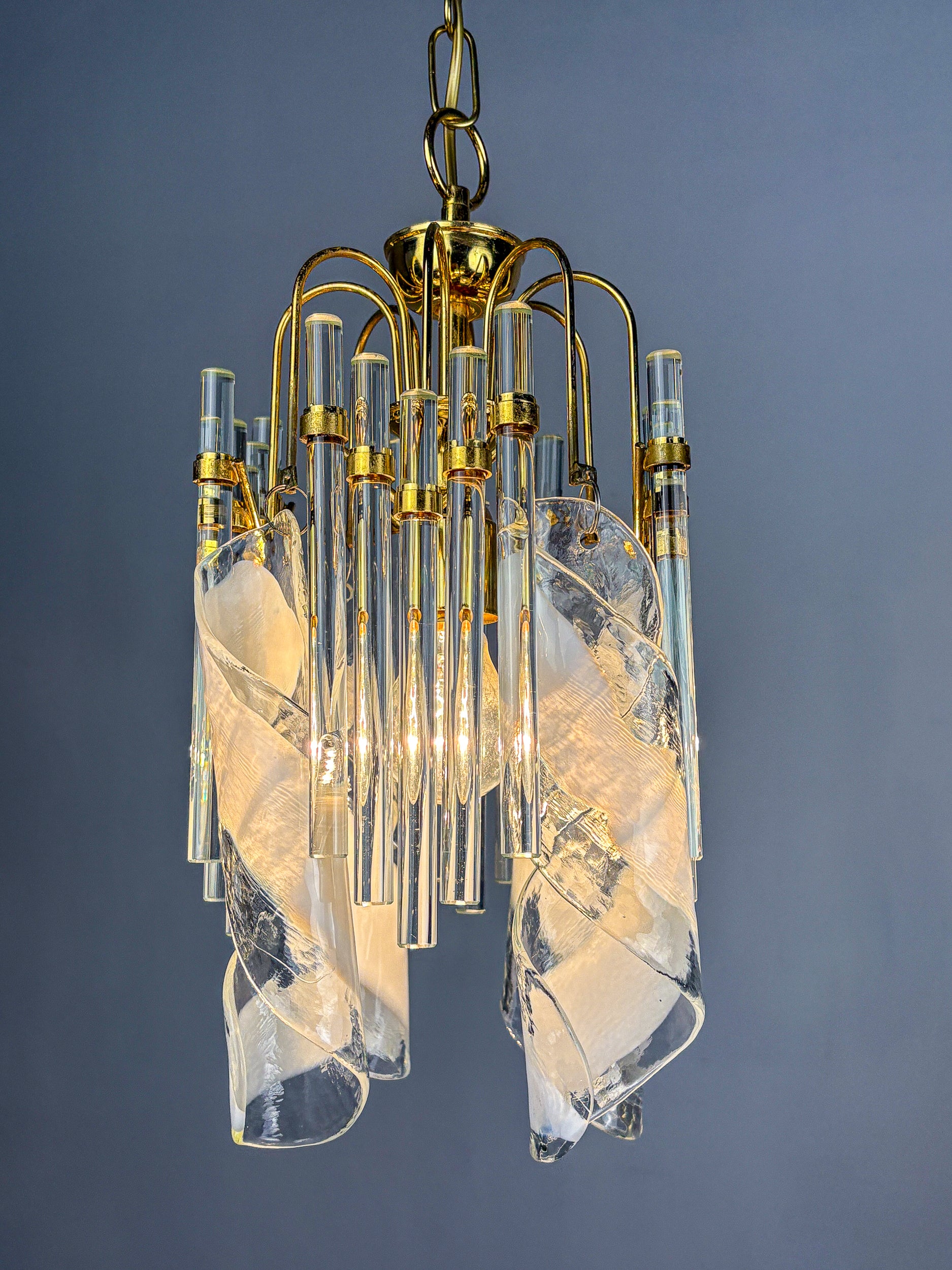 Murano Glass Cascade Chandelier – Twisted  Prisms & Tubes, Brass Frame, Italy 1970s