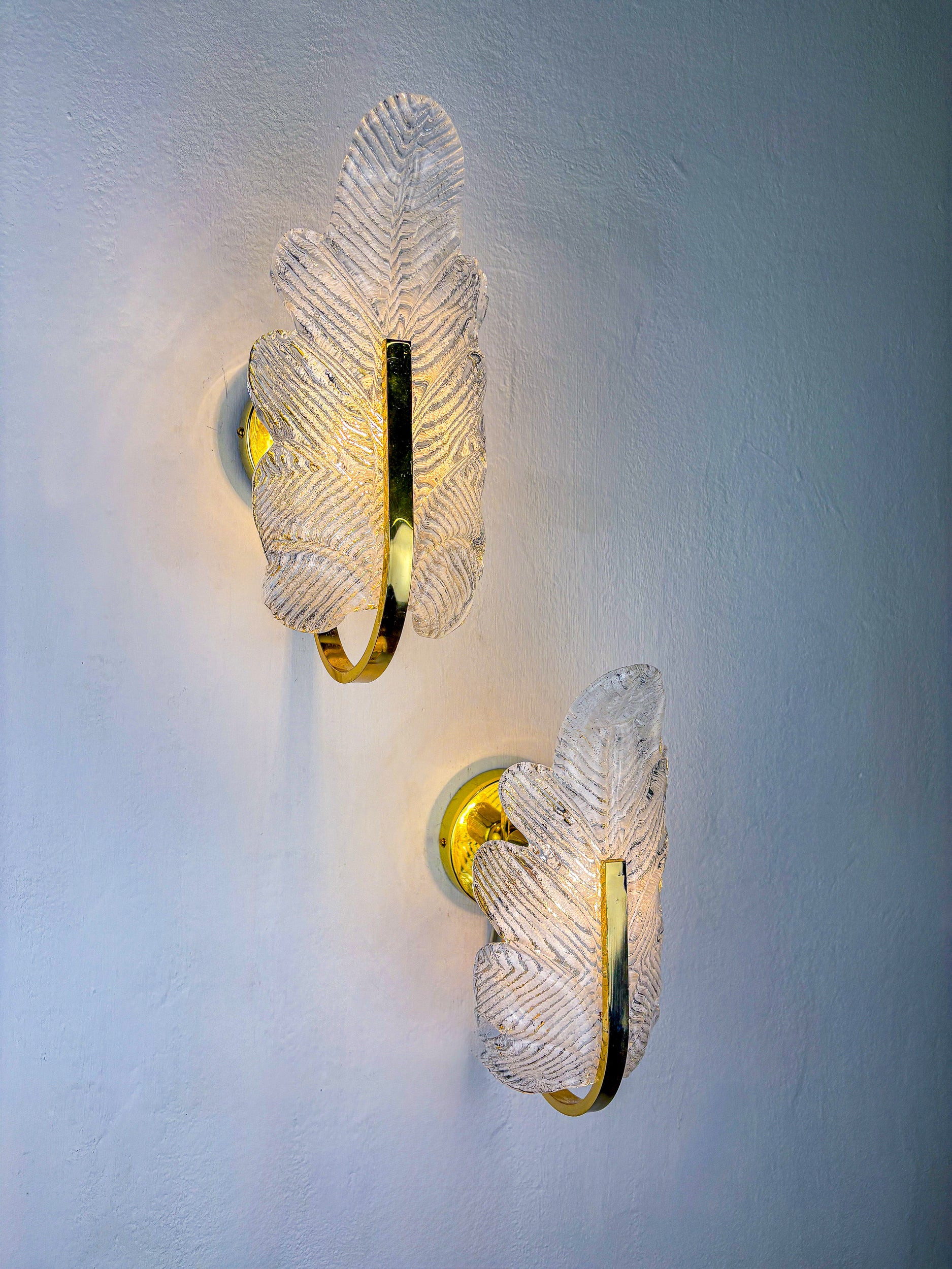 Pair of Italian Leaf wall Sconces, frosted murano Glass & Gilt Details, Circa 1970's