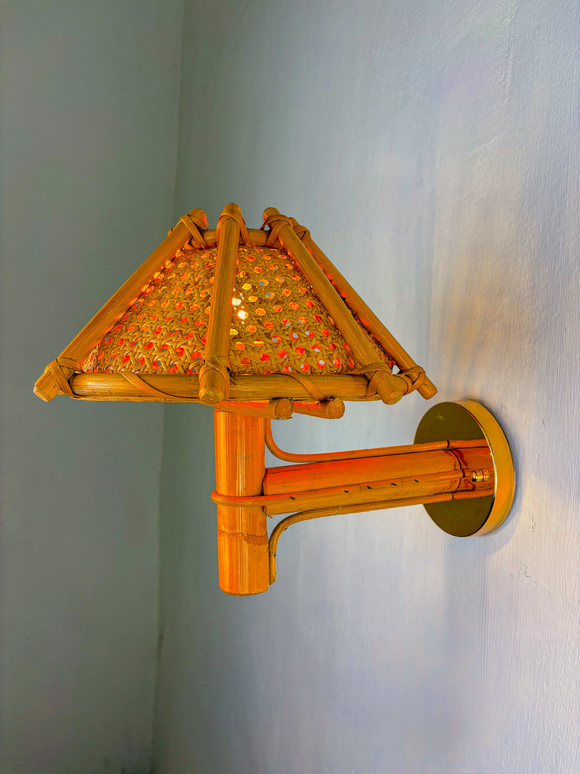 Rattan Bamboo Wall Light with Woven Wicker Shade, Italy, 1960's