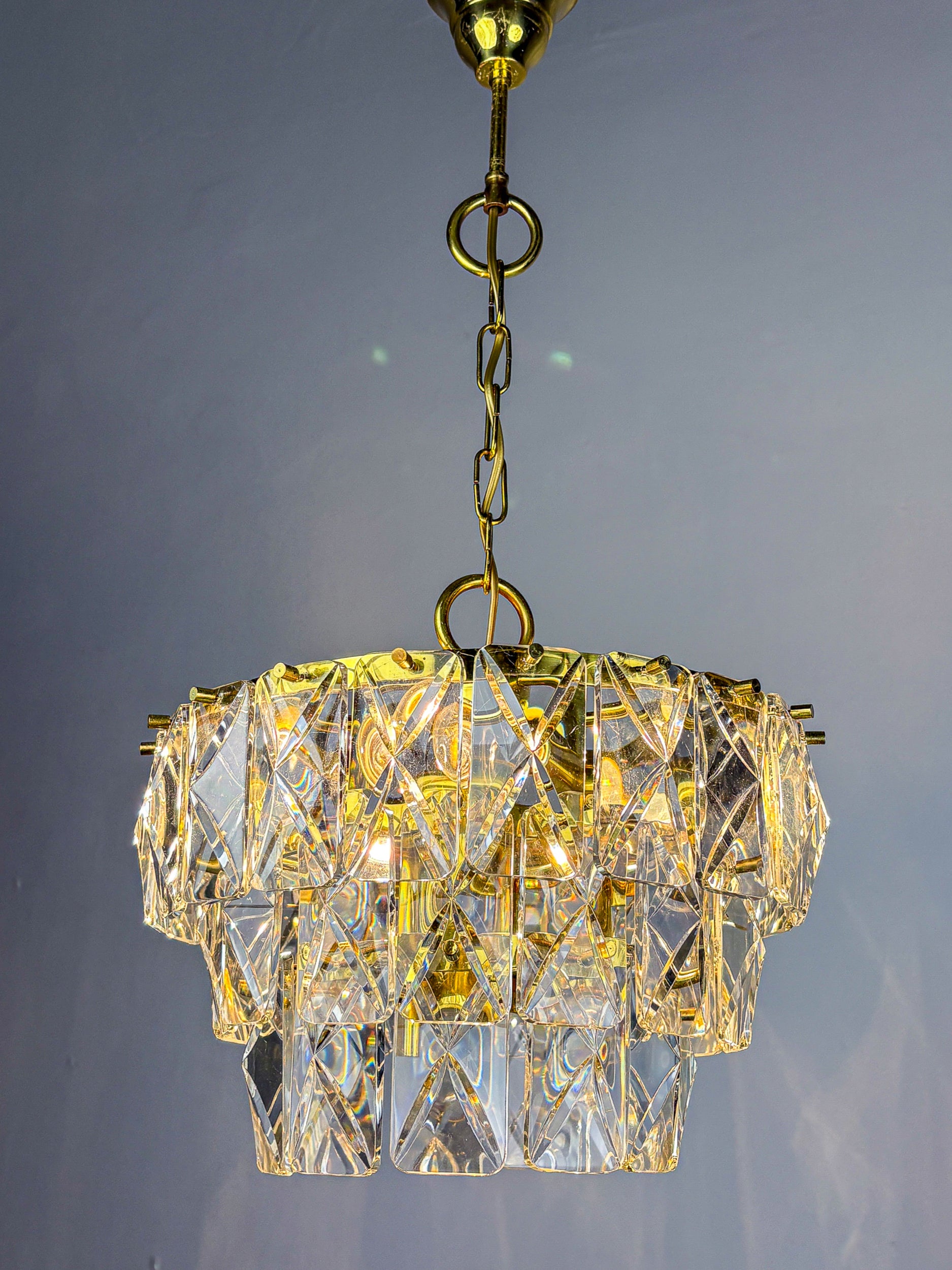Kinkeldey 3-Tier Cut Crystal Chandelier, Gilt Brass, Germany, 1970