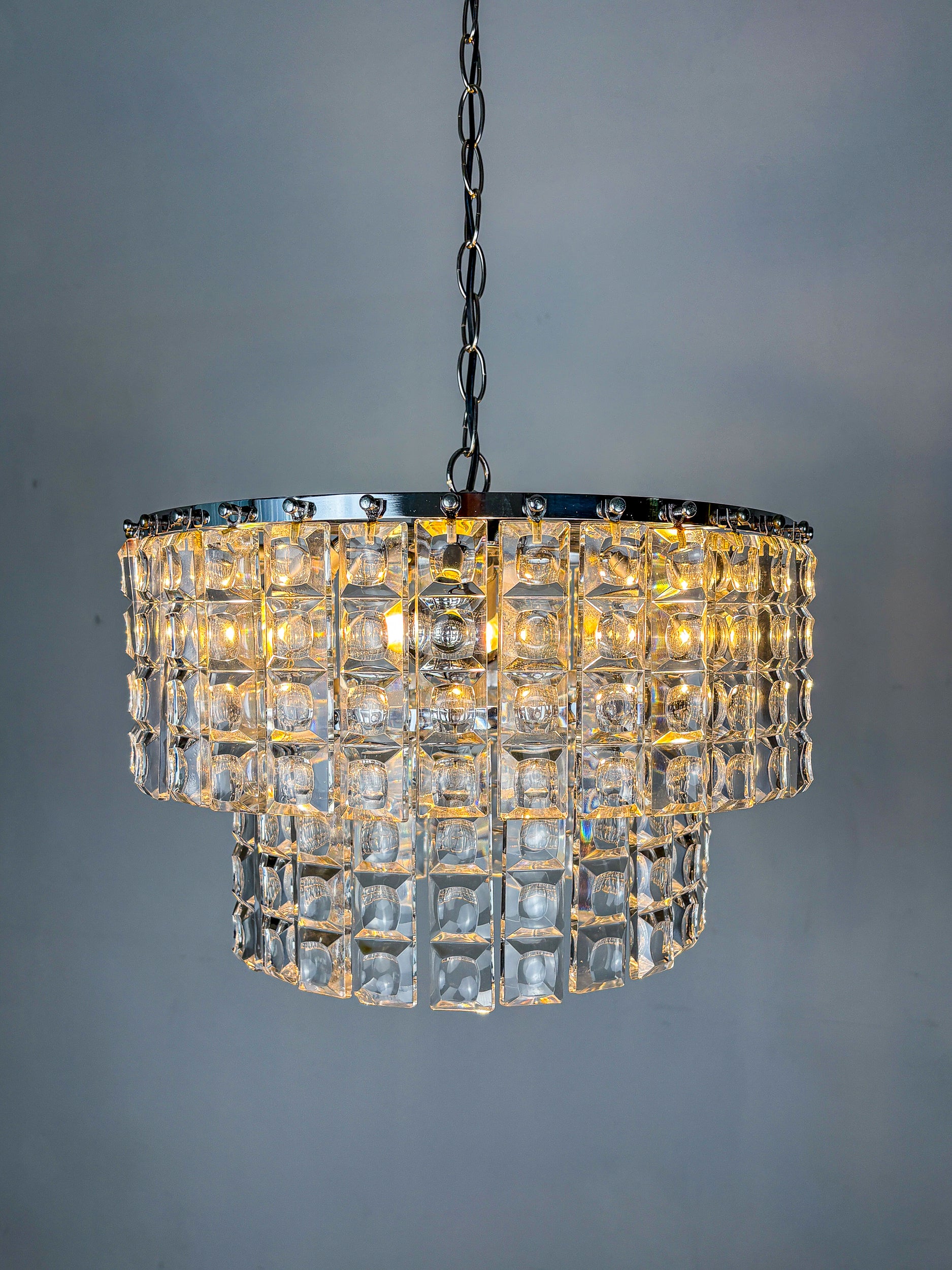 Kinkeldey 2-Tier Cut Crystal Chandelier, Gilt Brass, Circa 1970's, Germany