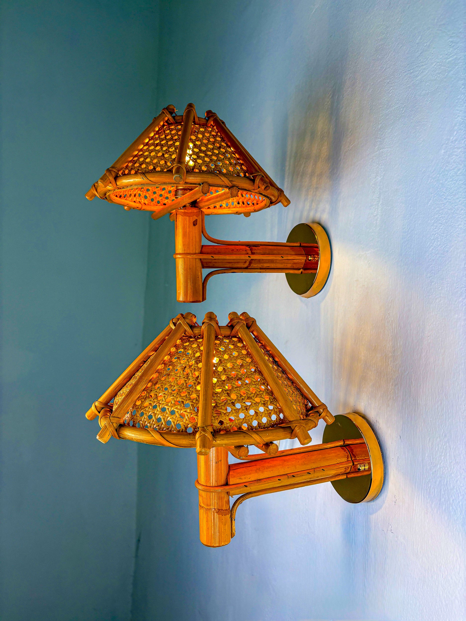 Pair of Rattan Bamboo Wall Lights with Woven Wicker Shades, Italy, 1960's