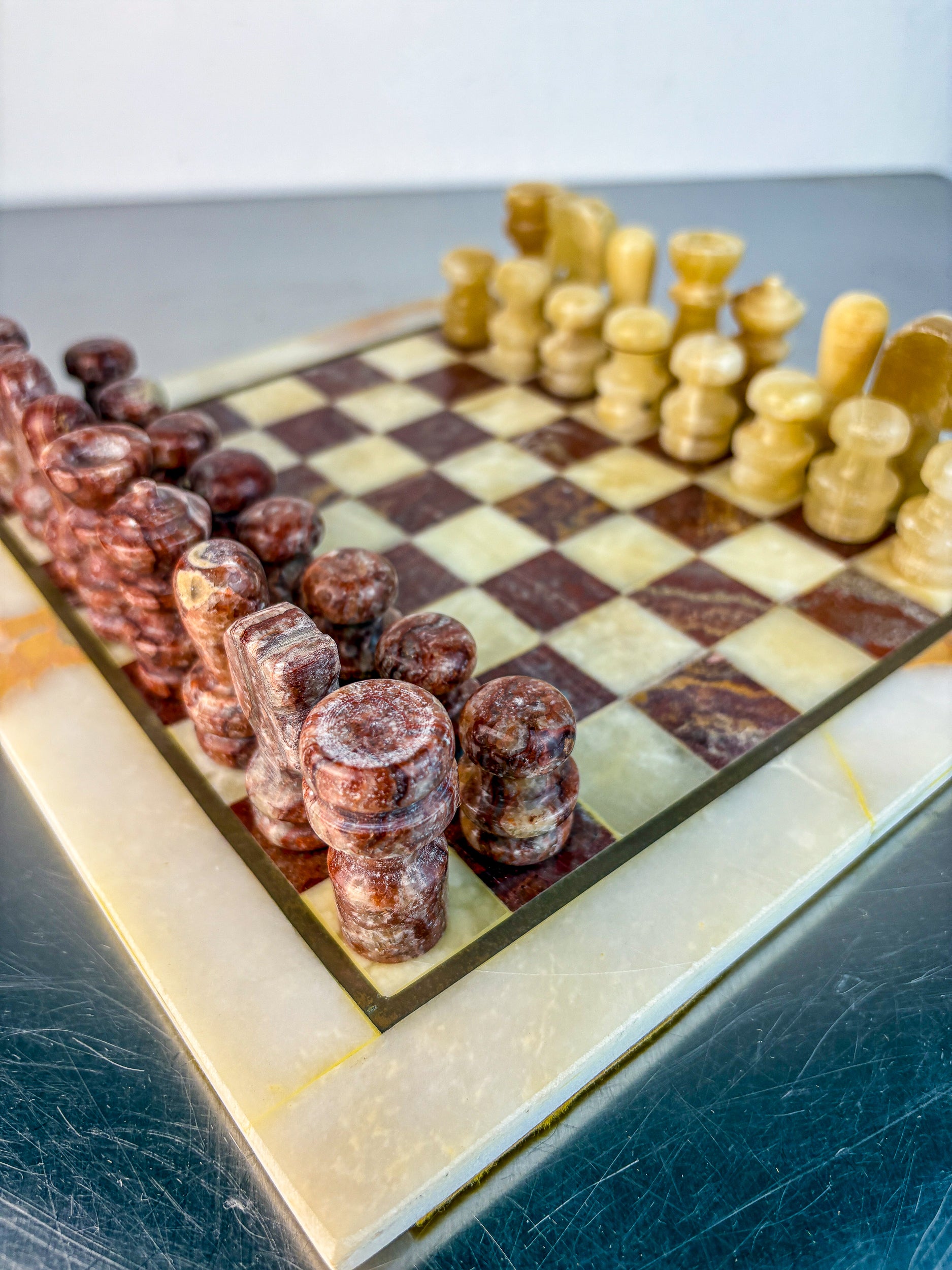 Vintage Italian Genuine Alabaster Chess Set with Carved Pieces, 1970s
