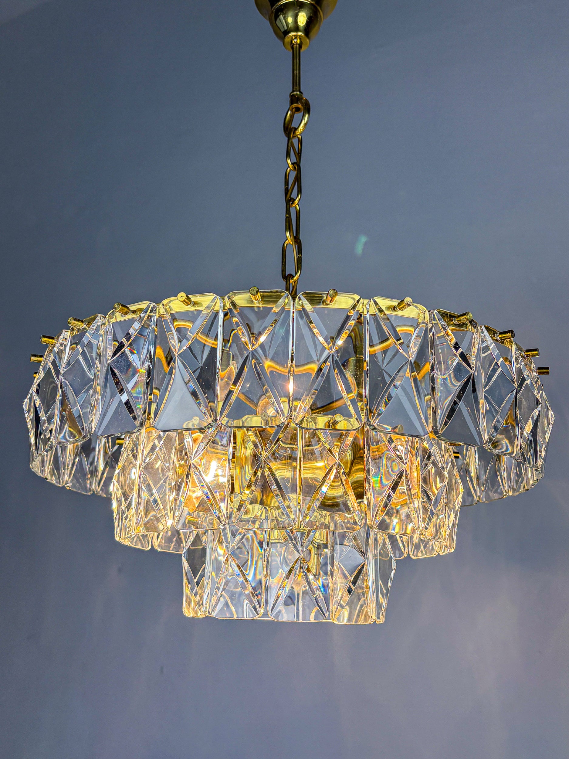 Kinkeldey 3-Tier Cut Crystal Chandelier, Gilt Brass, Germany, 1970s