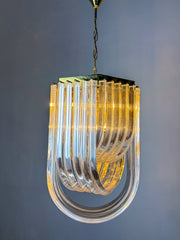 Long Mid-Century Curved Lucite Ribbon Chandelier in Brass, Italy