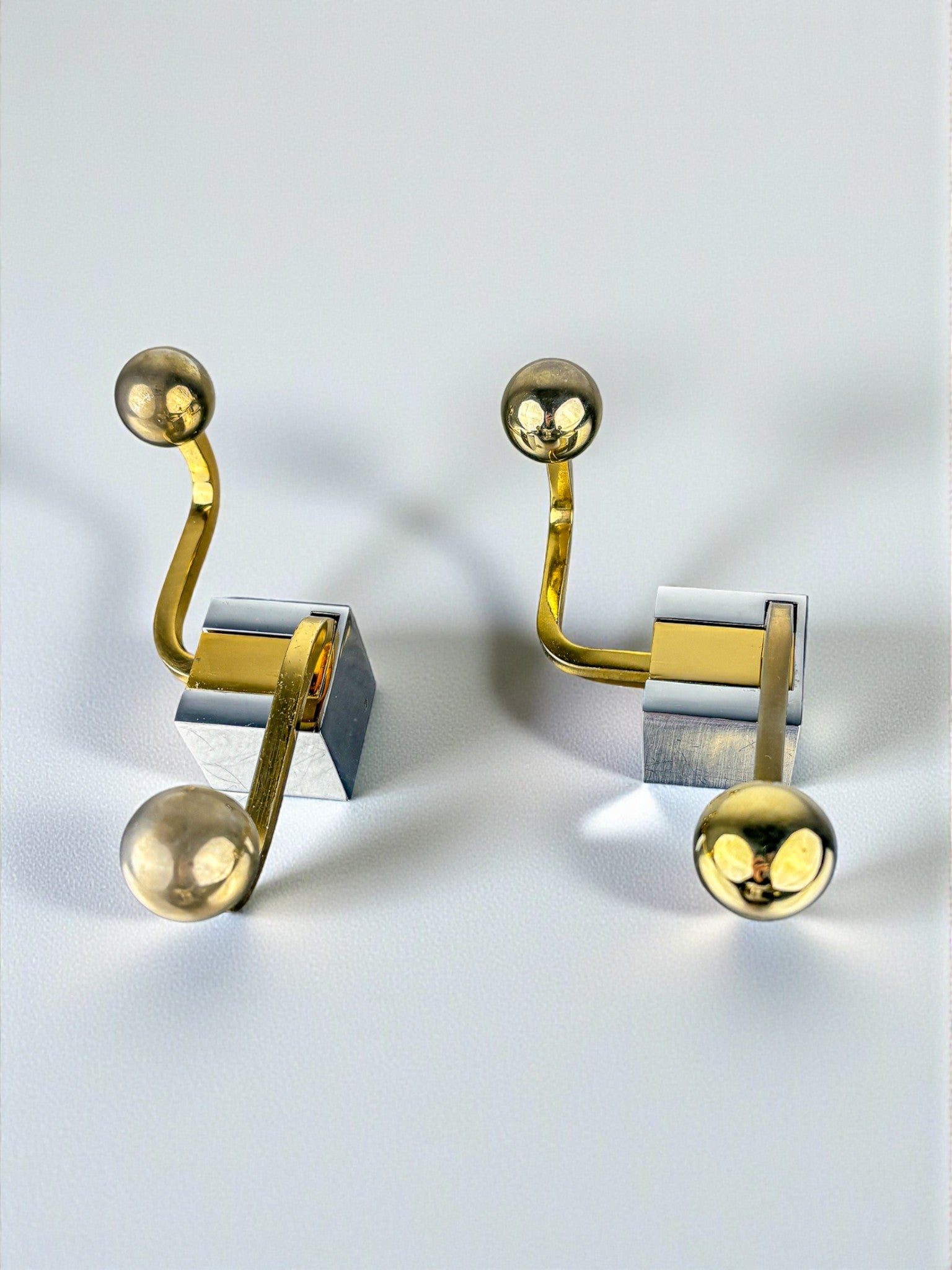 Pair of Romeo Rega style Wall Hooks, Gilt Brass & Chrome, Italy, 1980s