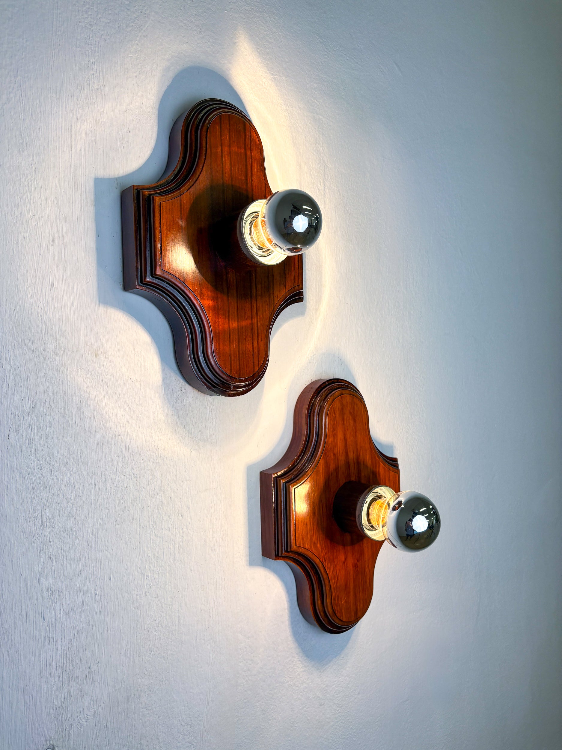 Pair of Geometric Art Deco Wall Lights, Carved brown wood, France, 1960s
