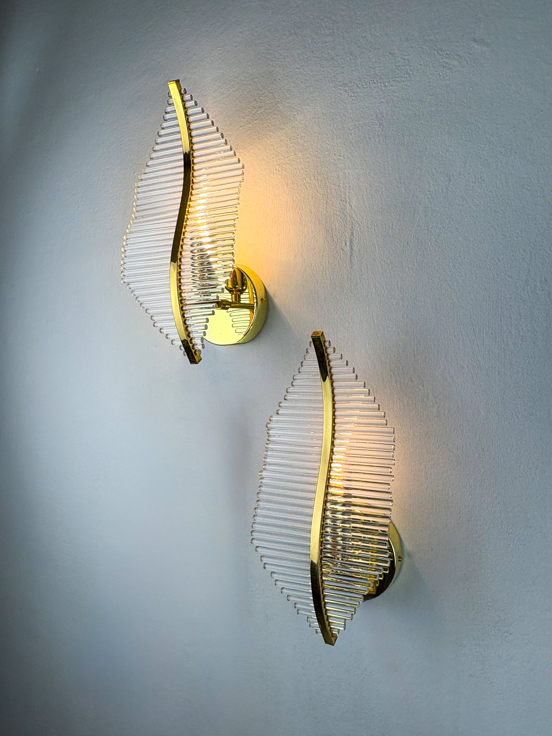 Pair of Venini Floral Wall Sconces, Gilt Brass & Murano Tubular Glass, Italy, 1970s
