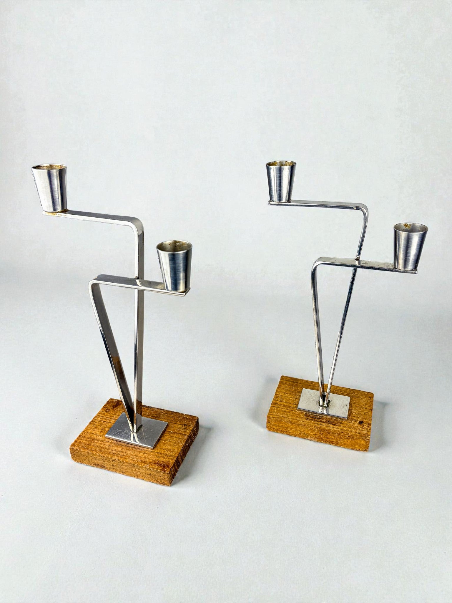 Pair of Scandinavian 2-Arm Candle Holders – Stainless Steel & Rosewood, Denmark 1970s
