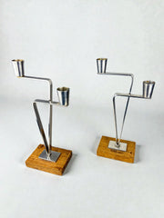 Pair of Scandinavian 2-Arm Candle Holders – Stainless Steel & Rosewood, Denmark 1970s