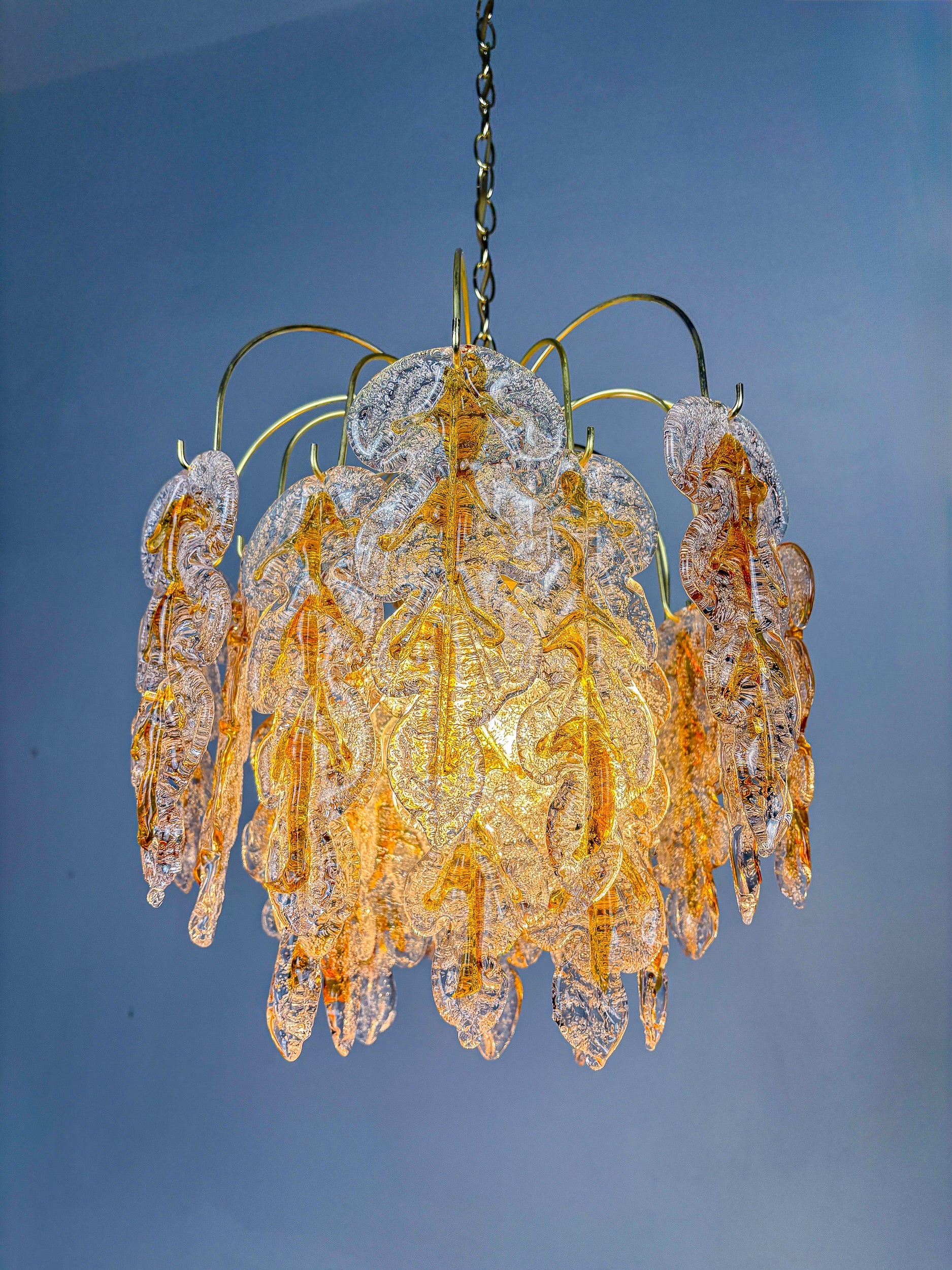 Floral Mazzega Murano Glass Cascade Chandelier, Frosted Orange Leaves & Gilded Metal, Italy, 1970s