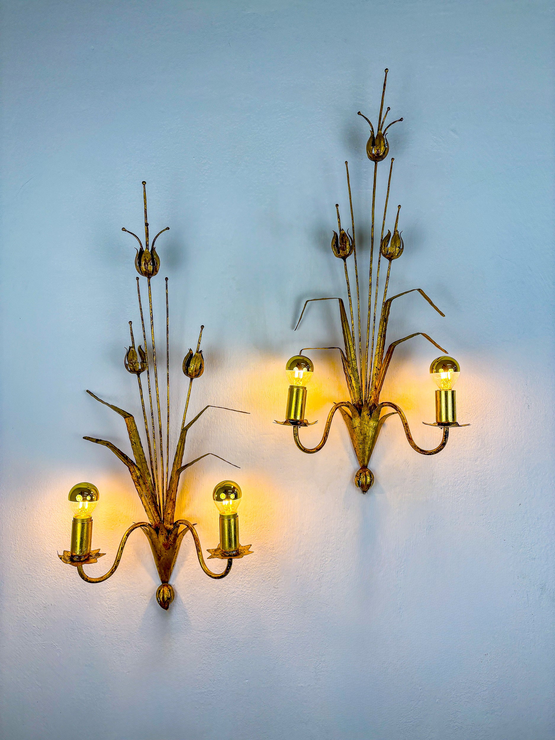 Pair of Gilt Metal "Tulip Bouquet" Wall Sconces by Florart, France, 1960s