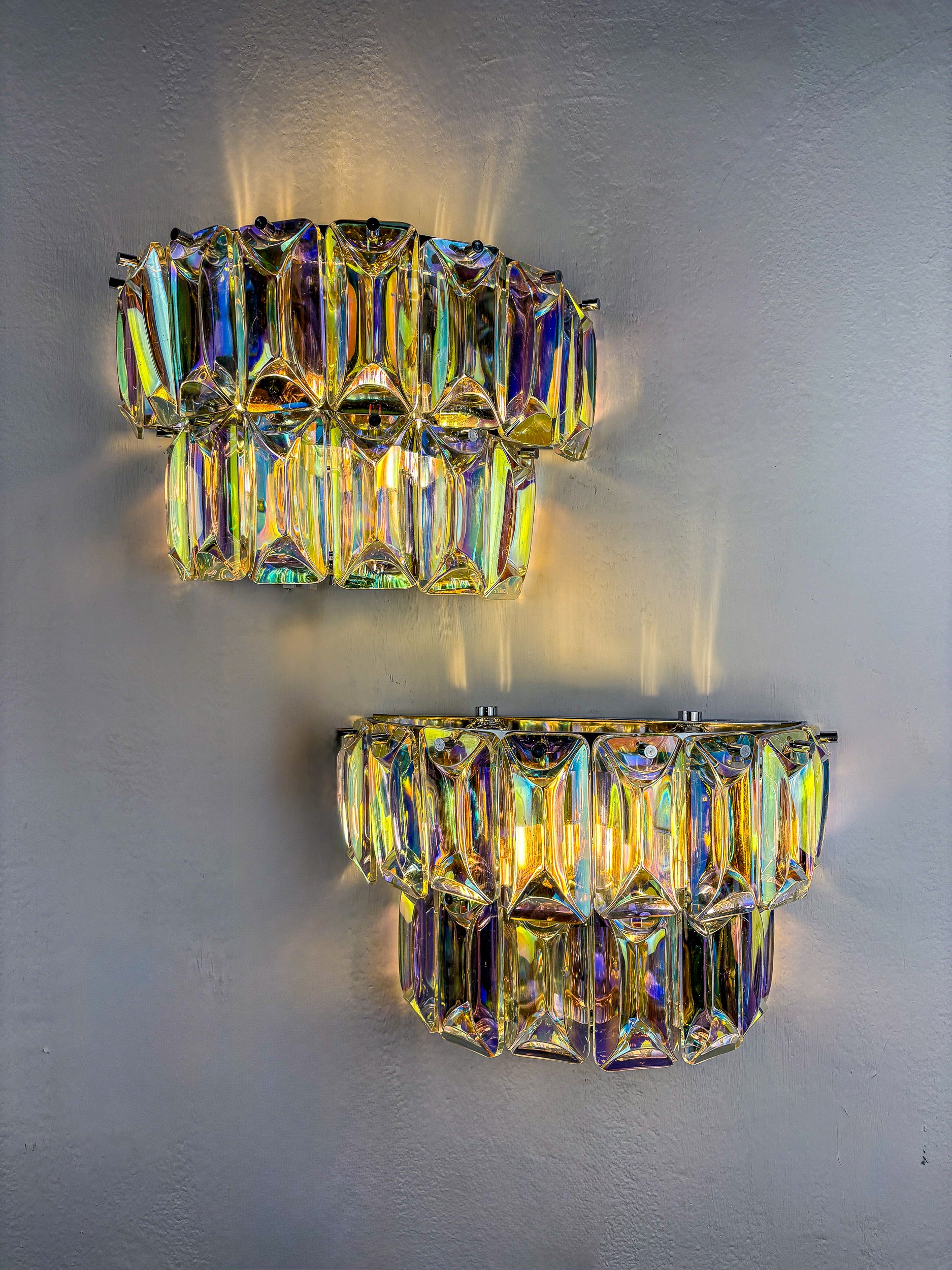Pair of 2-tier Paolo Venini Iridescent Murano Glass Wall Lights, Italy, 1970's