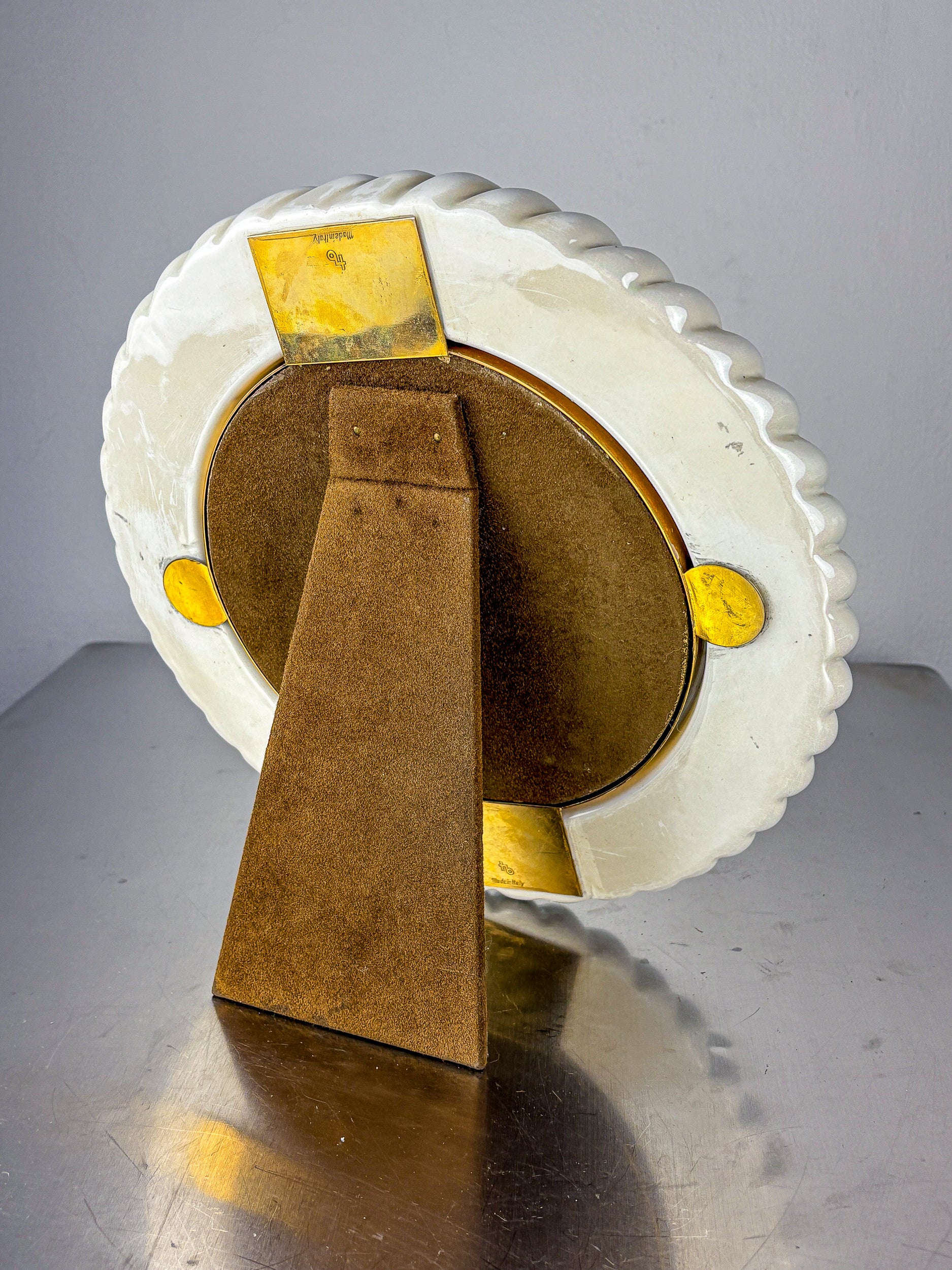 Tommaso Barbi White Ceramic and Brass Italian Picture Frame, 1970's