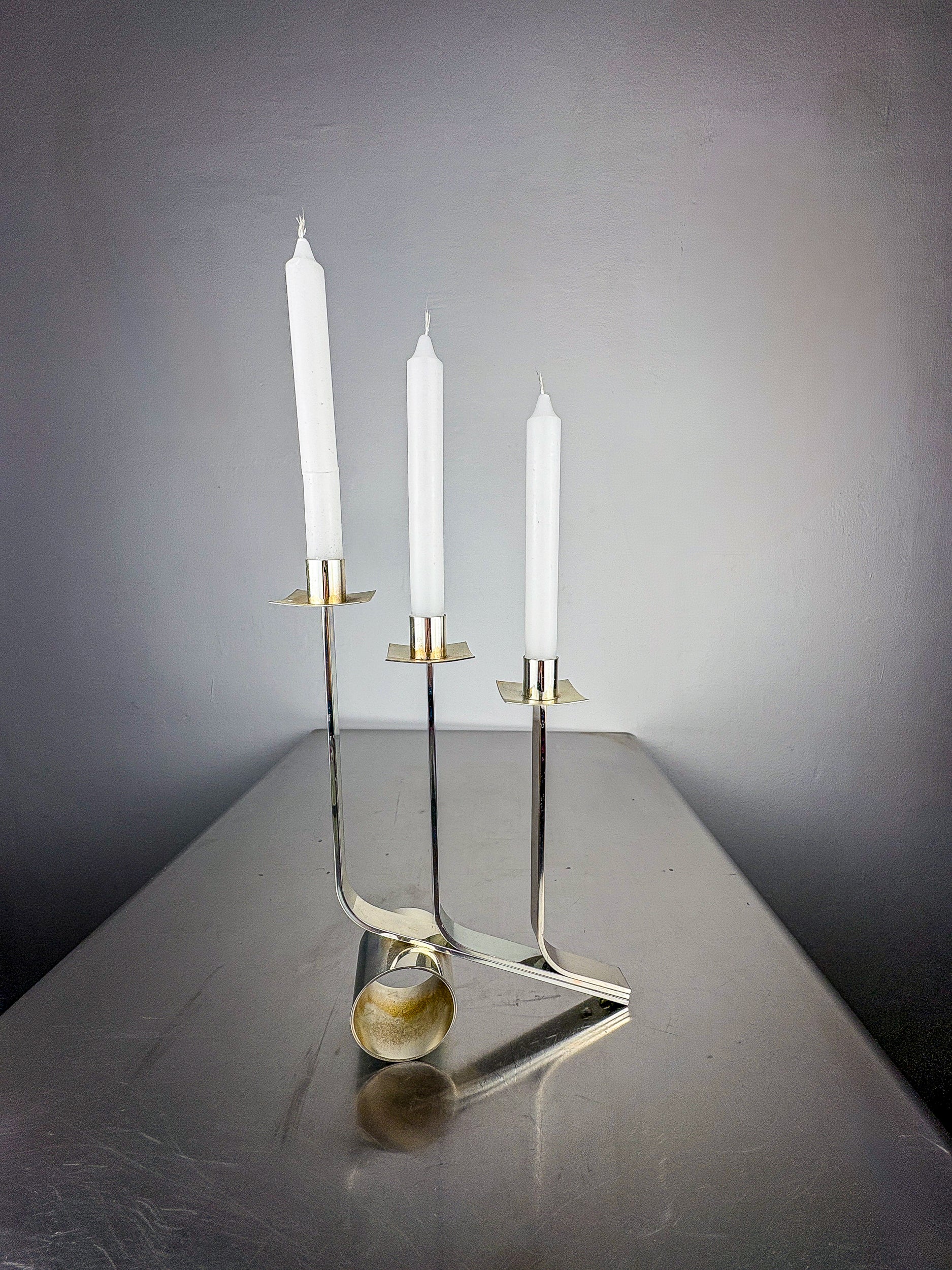 Art Deco 3-Flame Candelabra in Stainless Steel, France