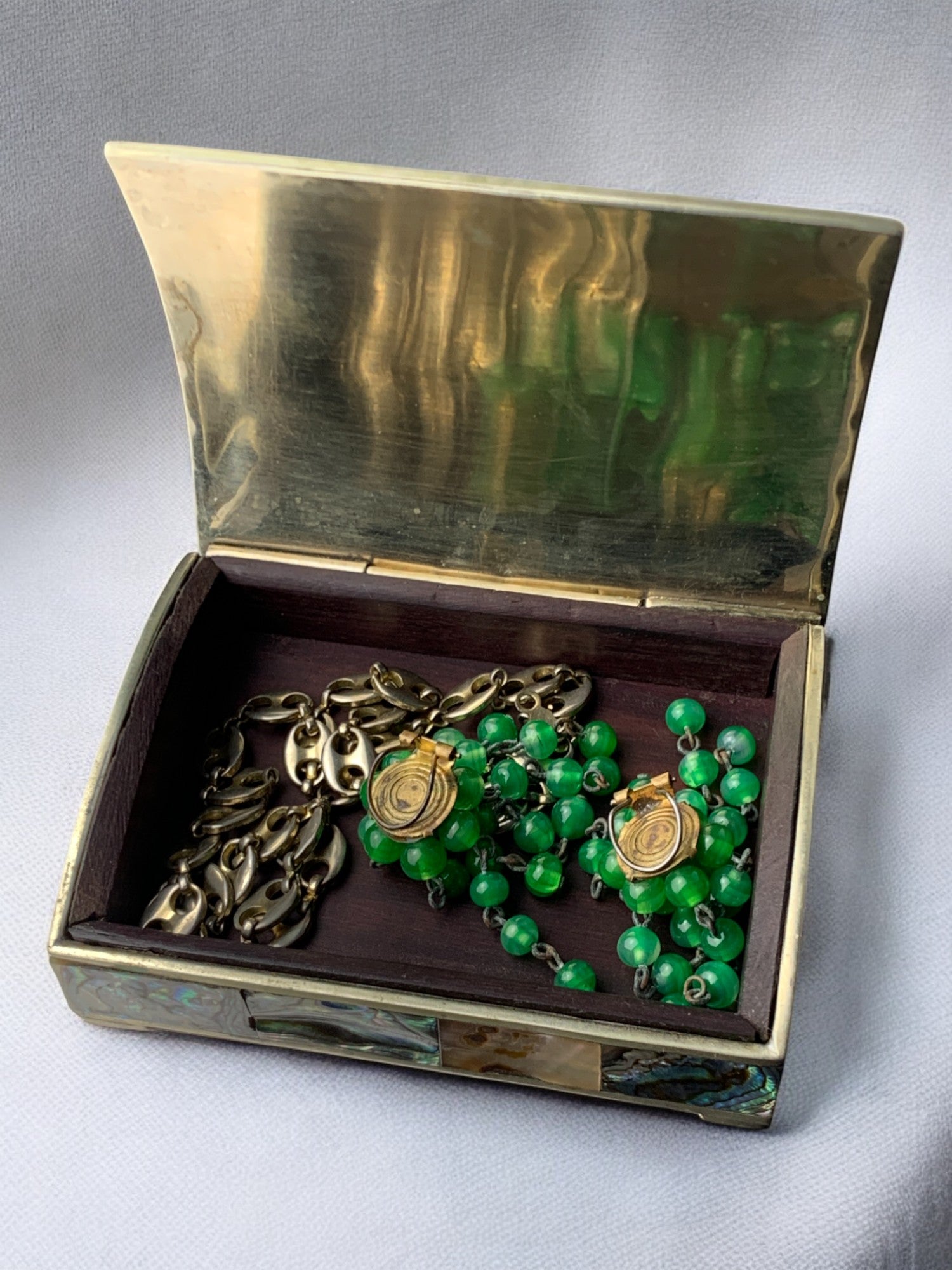 Abalone shell vanity box, Alpaca & wood, Mexico, 1970s