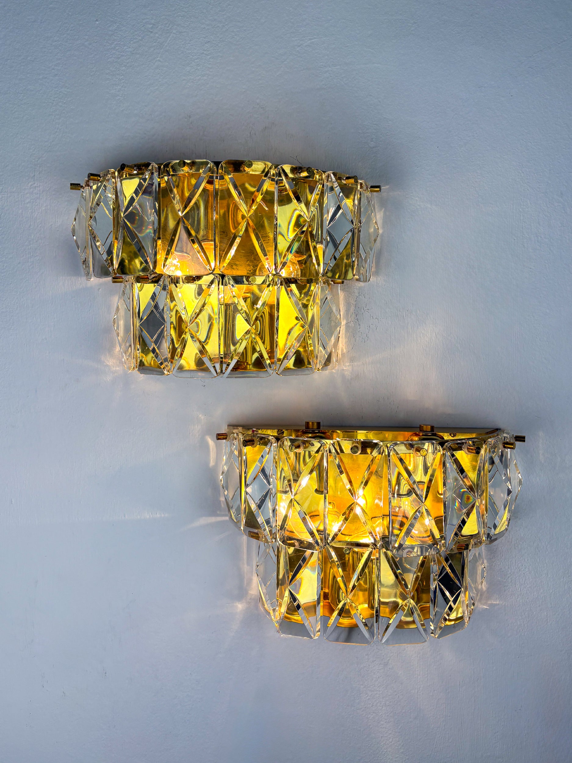 Pair of Kinkeldey 2-Tier Cut Crystal Wall Sconce, Gilt Brass, Germany, 1970s