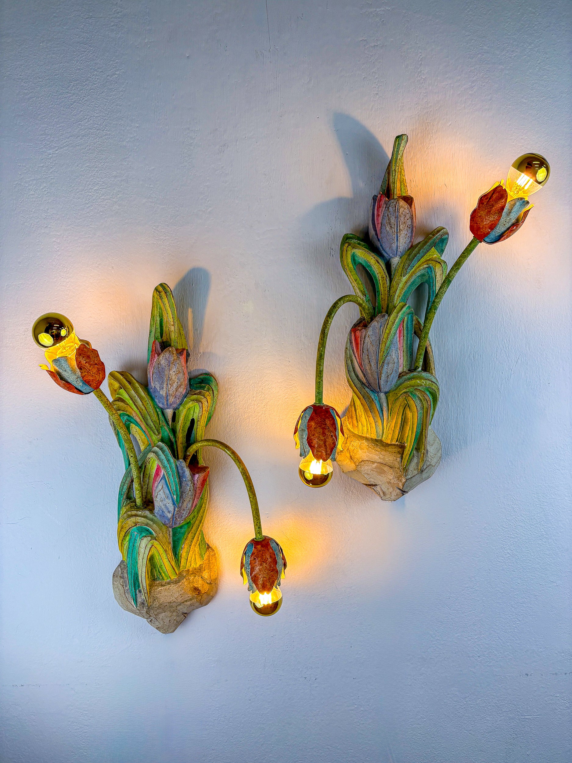Pair of Italian Tulip and Leaf Sconces, Polychrome Wood & Metal Arms, 1960s