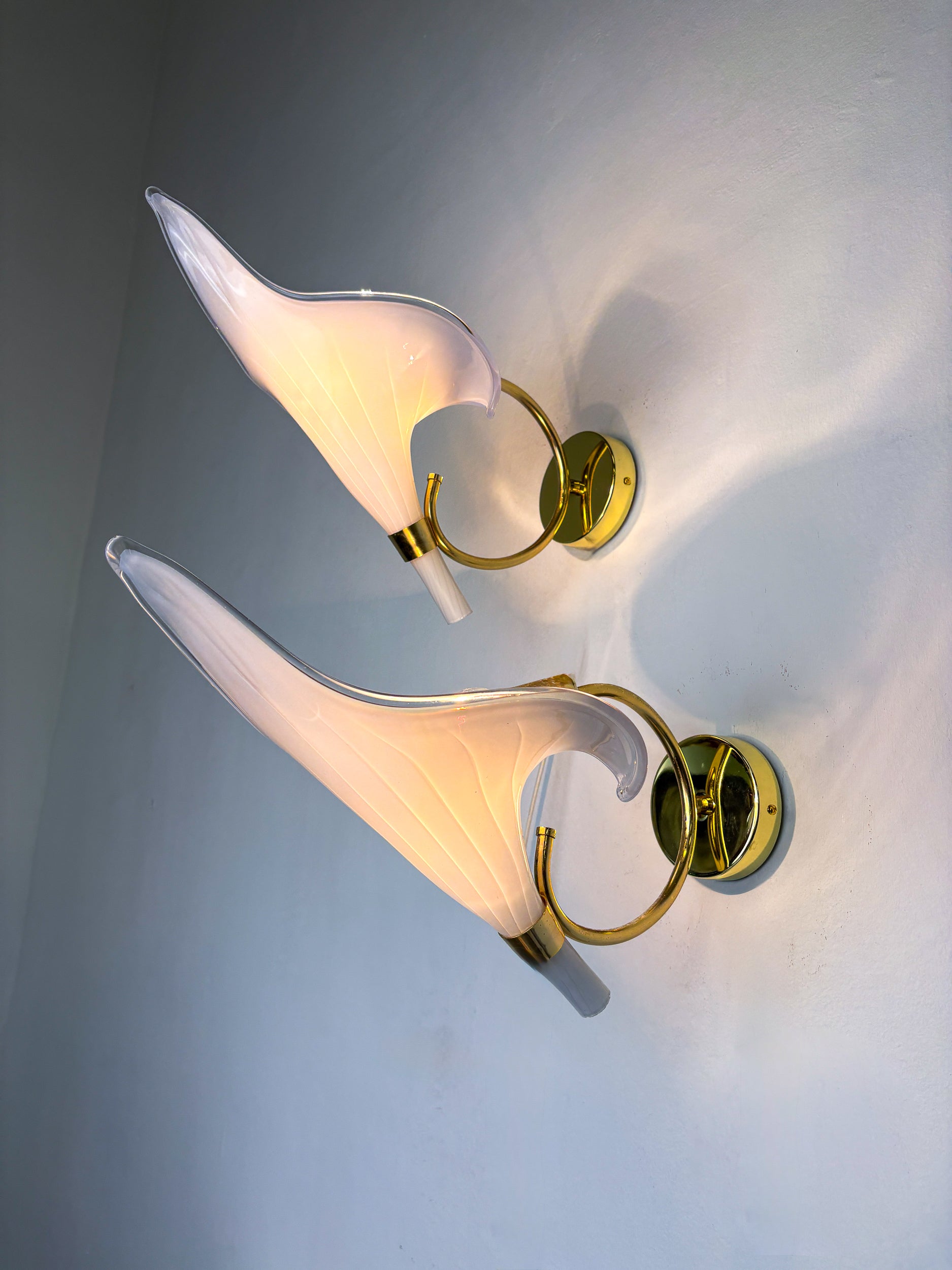 Pair of Italian Hand Blown Murano Glass Calla Lilly wall lights By Franco Luce, 1970's