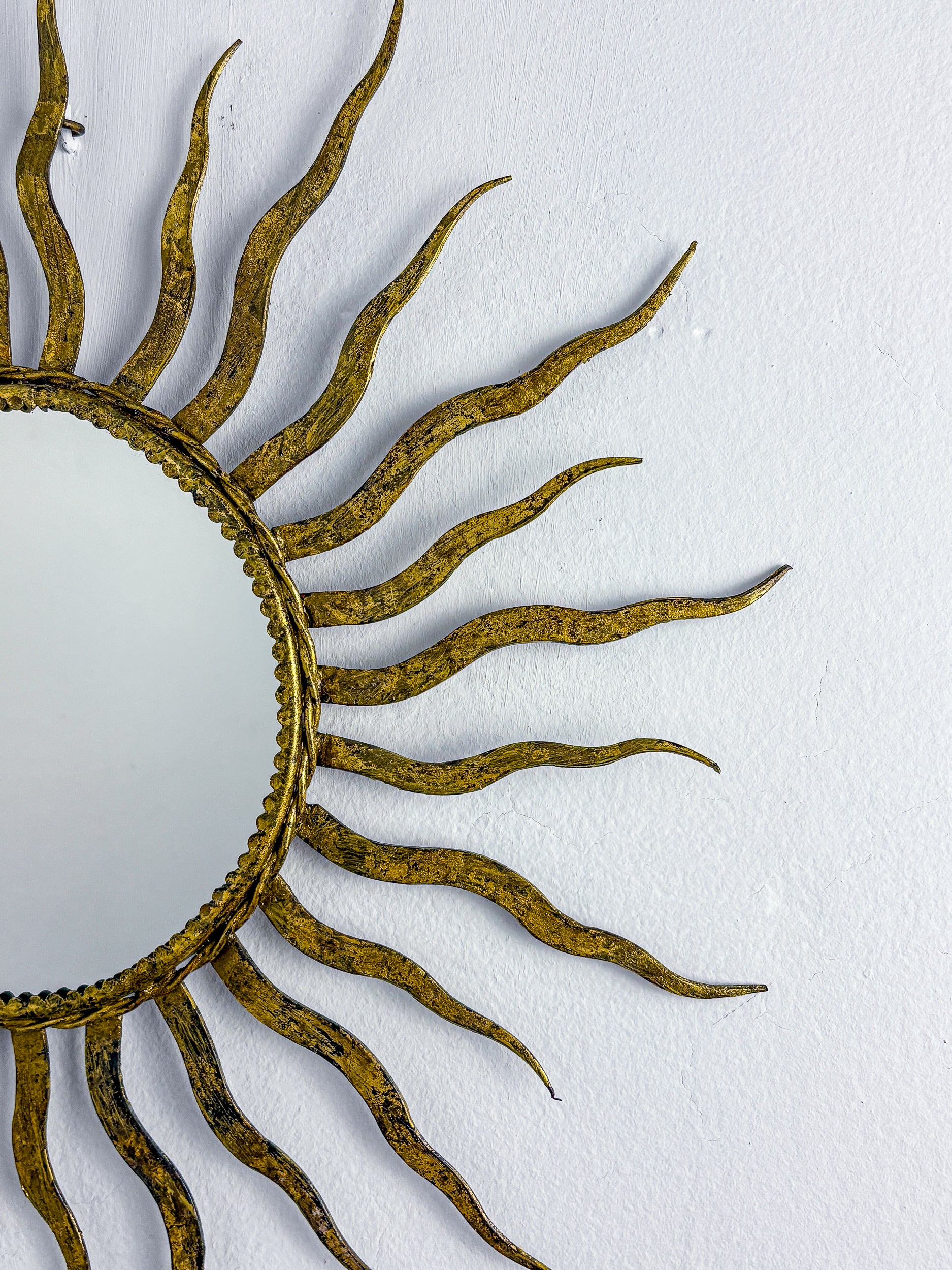 French Sunburst Starburst Mirror in Gilt Iron, 1950's