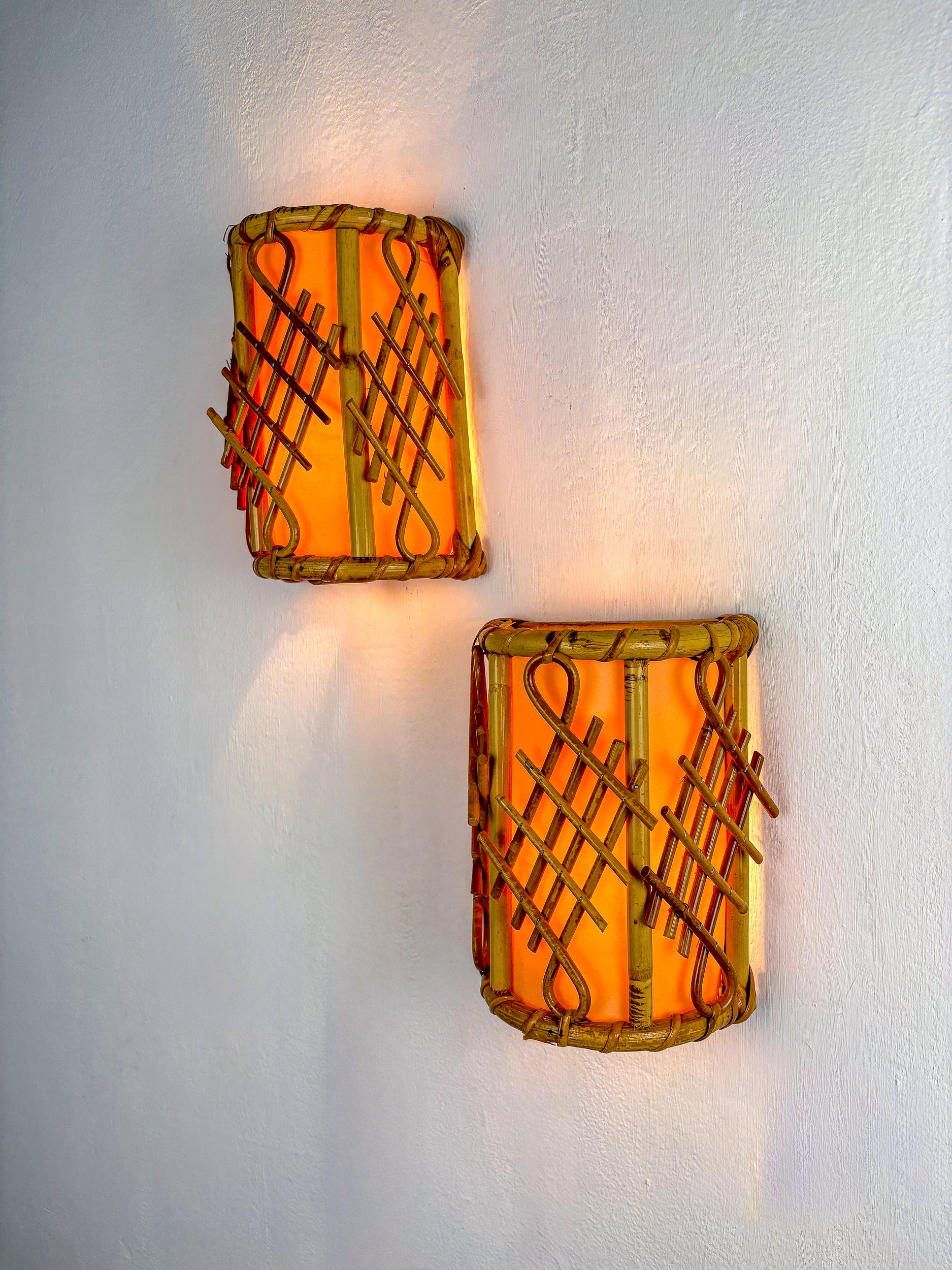 Pair of Mid-Century Rattan Wall Sconces, Circa 1970s, Italy