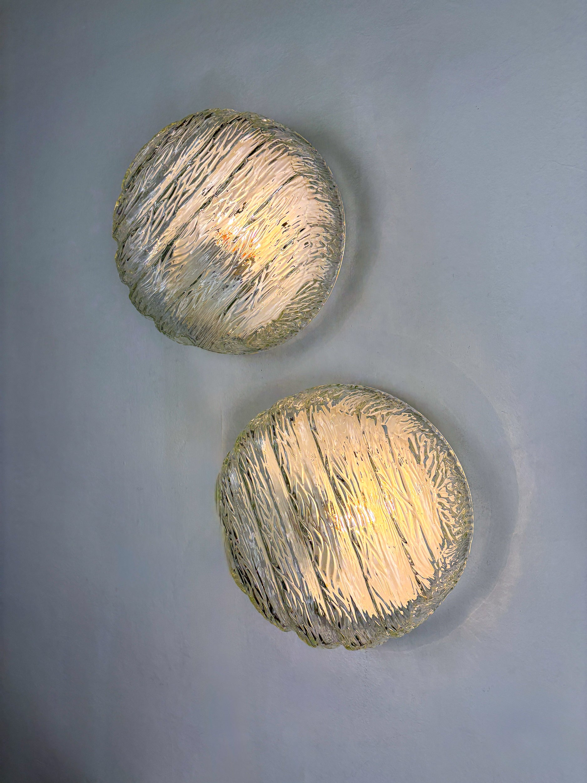 Pair of Frozen Glass Round Sconces, Germany, 1960s